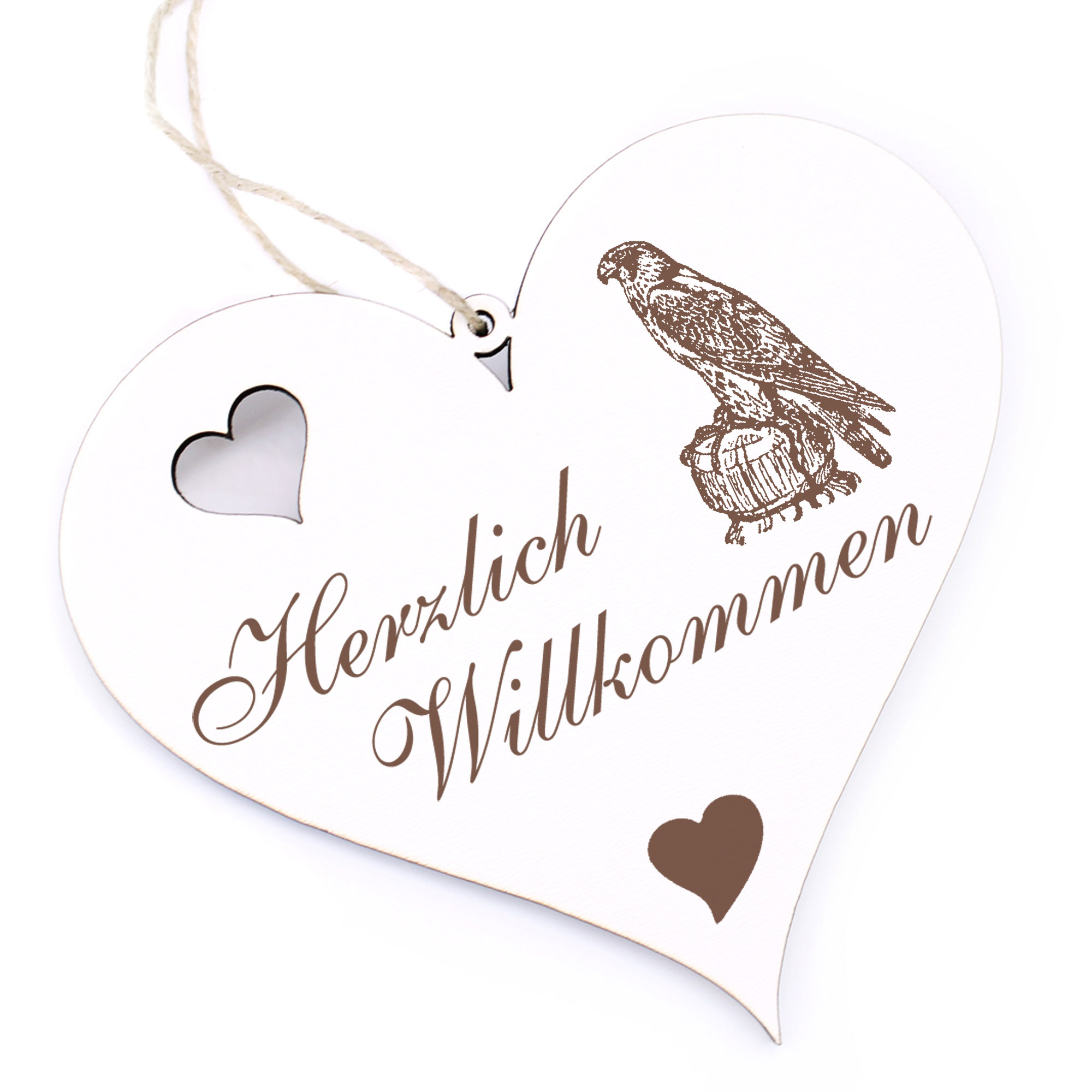 Herzlich Willkommen Schild - Falke - Deko Herz Holz