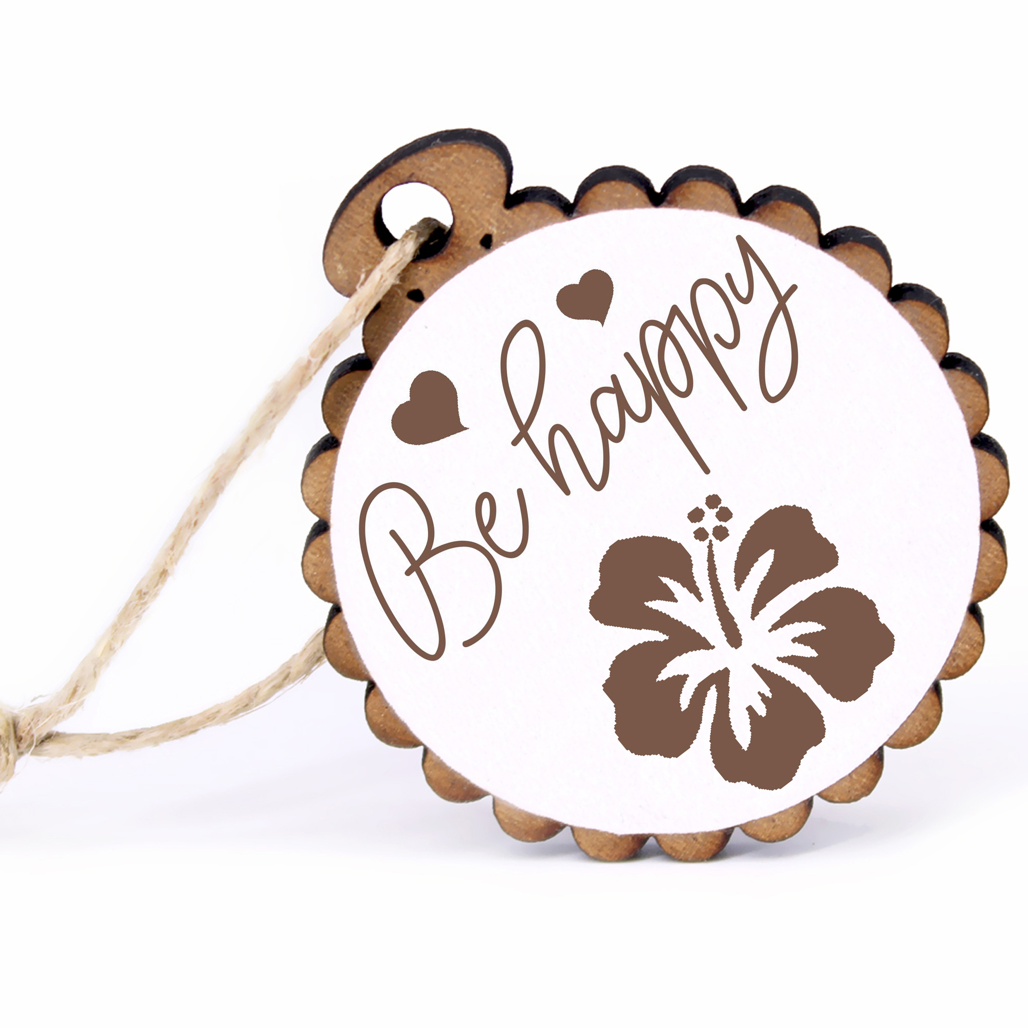Geschenkanhänger - Be Happy Hibiskus -  Holz Ø-5cm - mit Juteband
