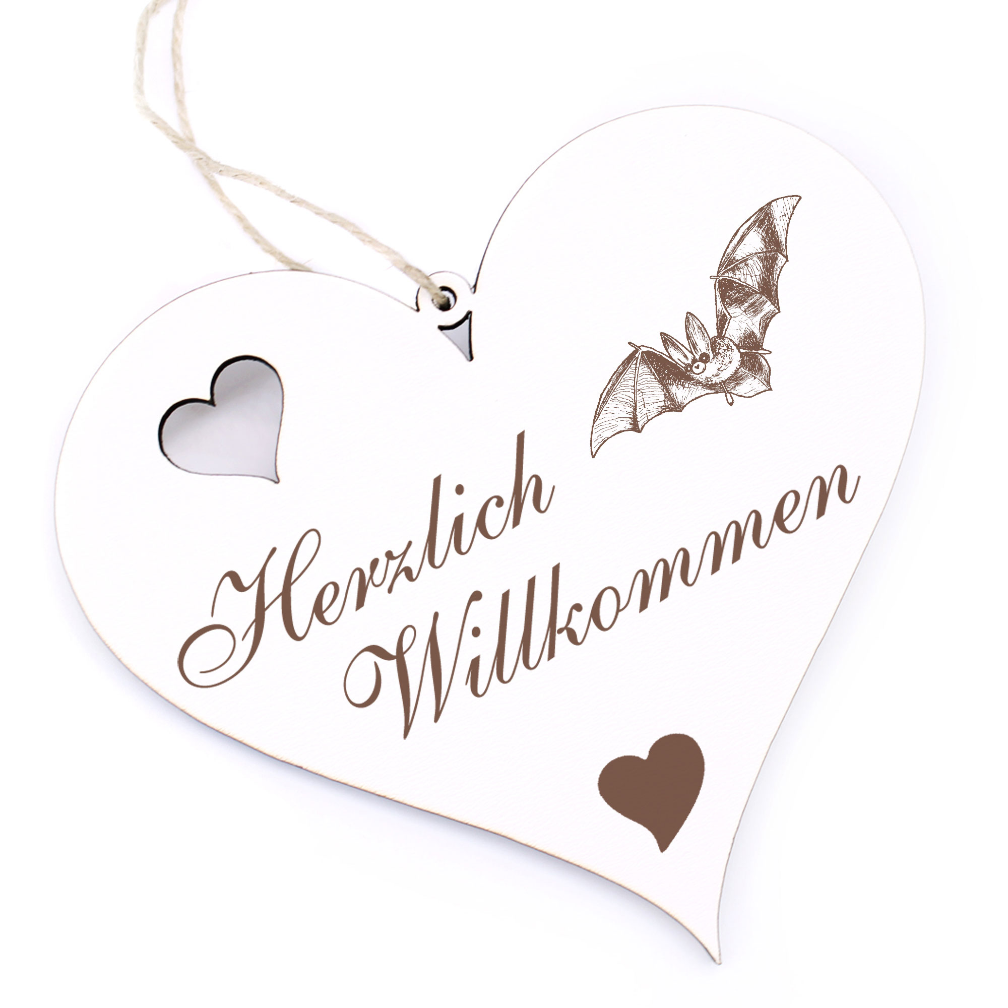 Herzlich Willkommen Schild - fliegende Fledermaus - Deko Herz Holz