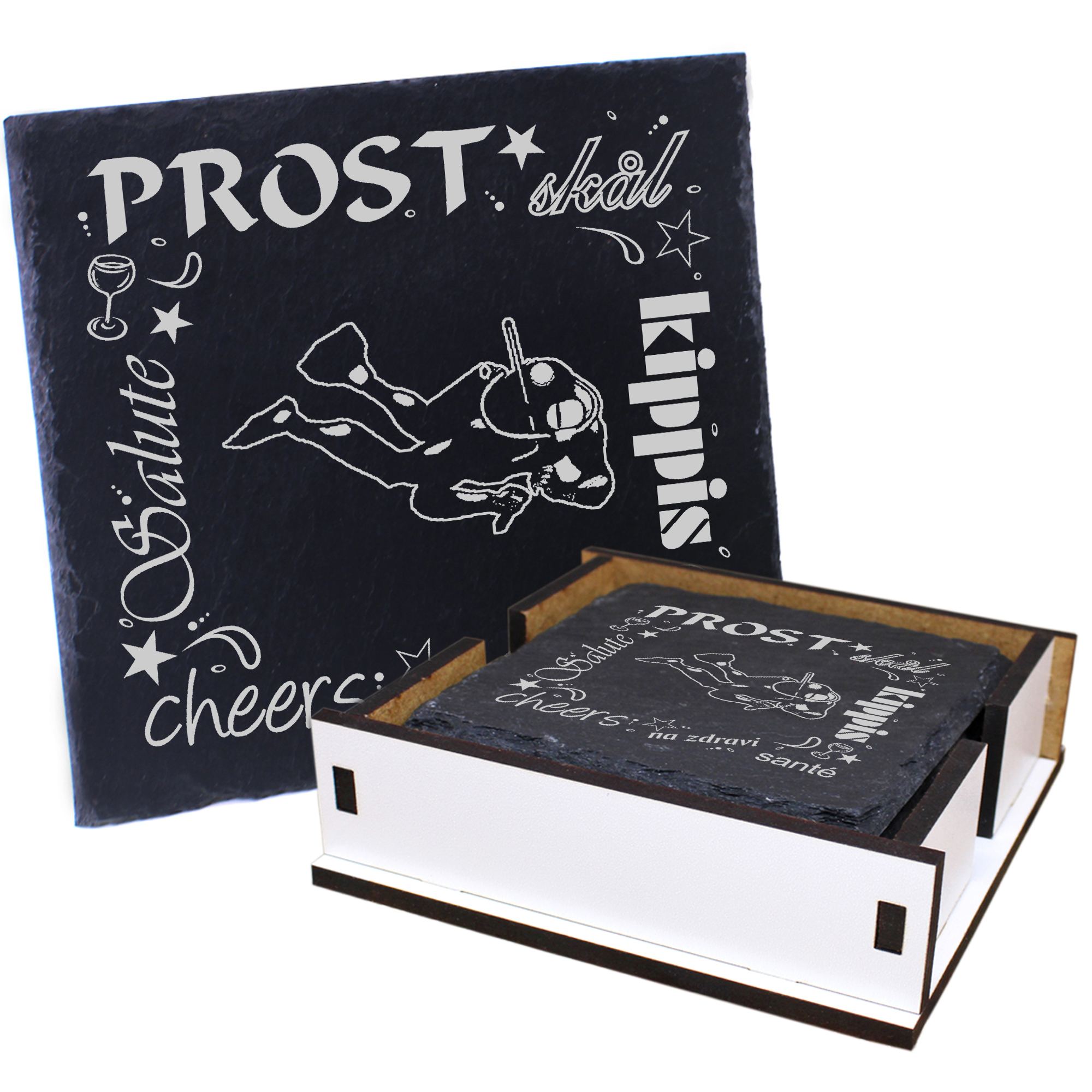 5 x Schiefer Untersetzer - Prost dunkler Taucher - inkl. Holzbox & Flaschenuntersetzer