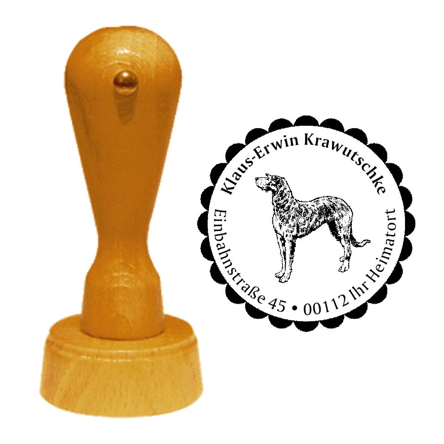 Adressstempel Irischer Wolfshund -  Holzstempel personalisiert mit Adresse - Ø 40 mm