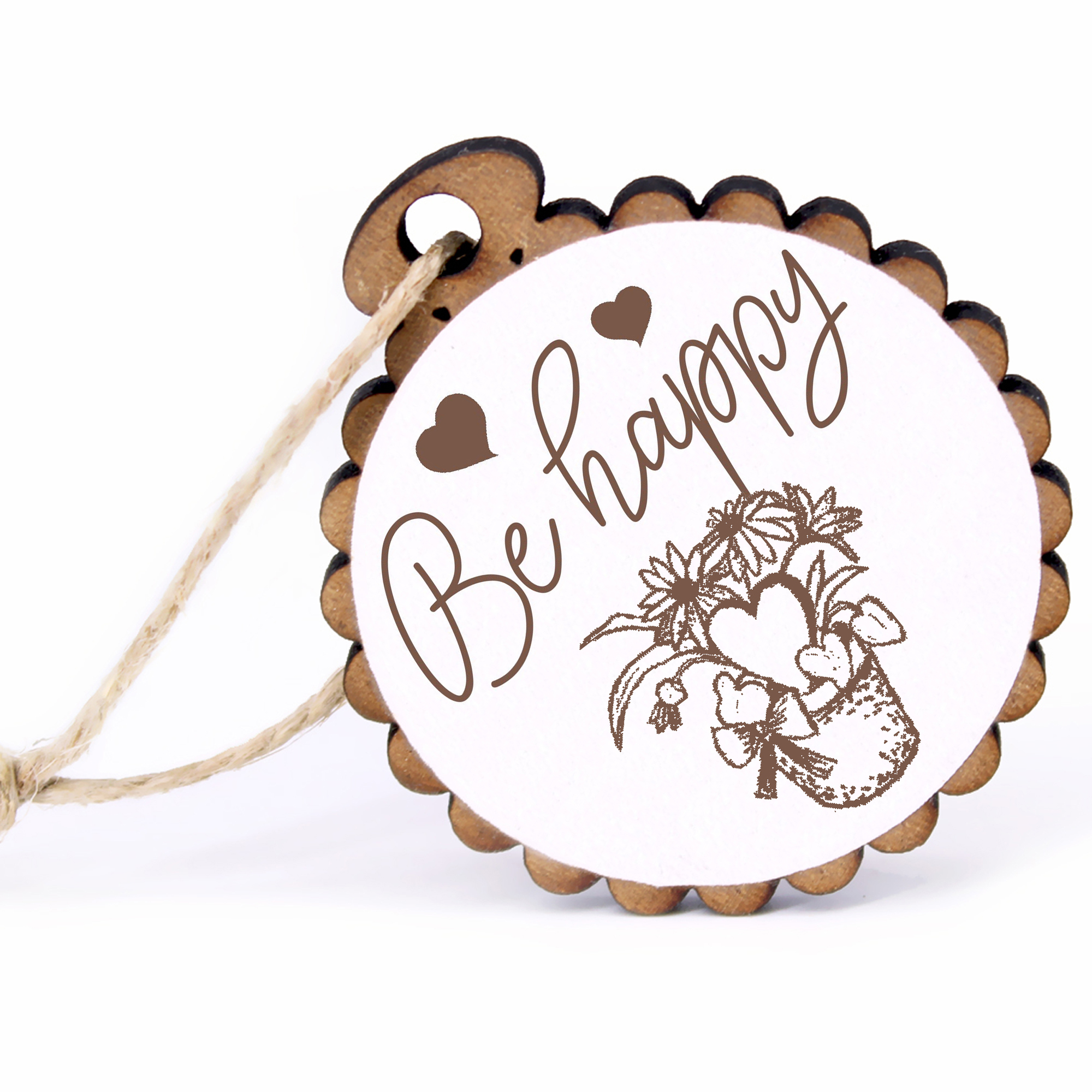 Geschenkanhänger - Be Happy Blumentopf -  Holz Ø-5cm - mit Juteband