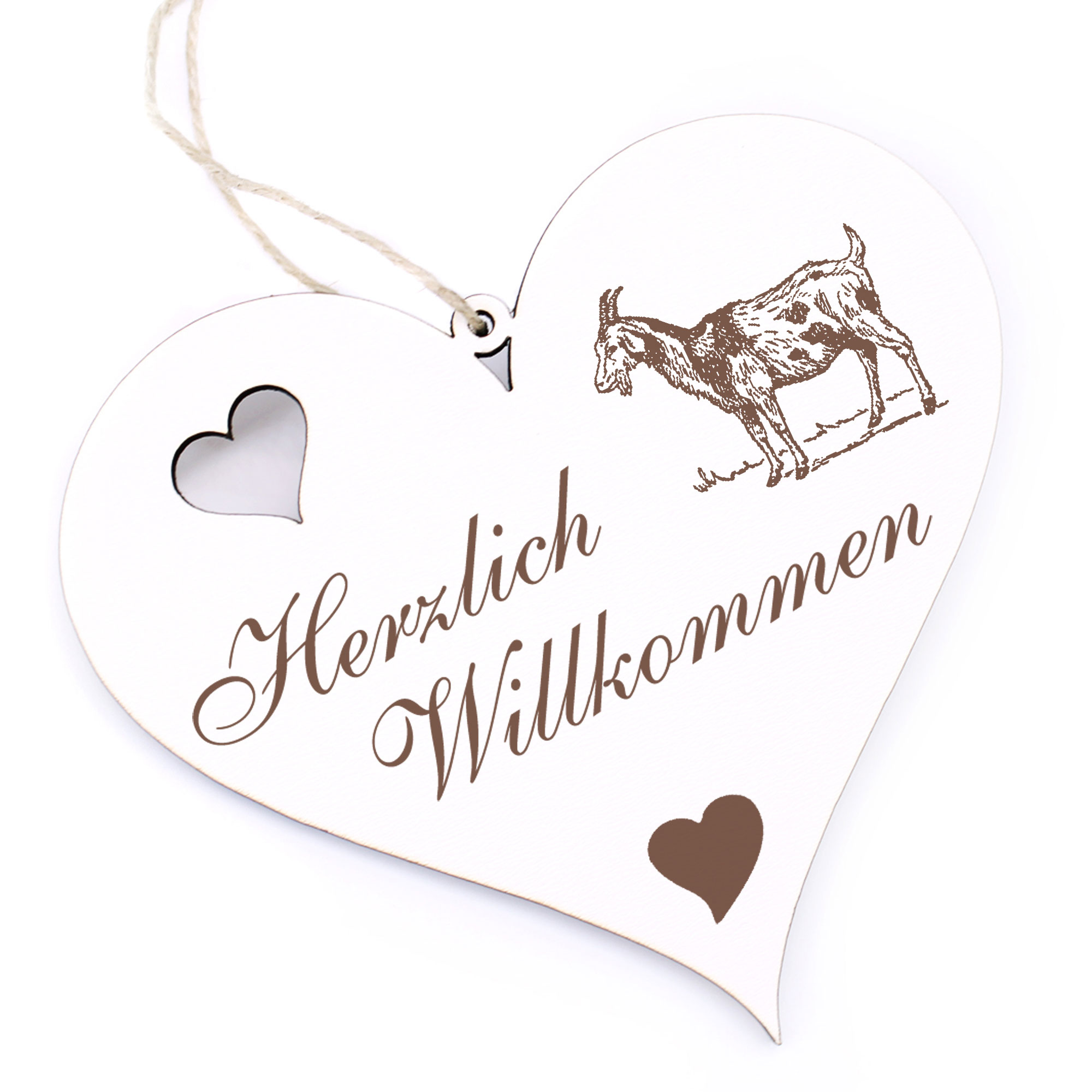 Herzlich Willkommen Schild - zweifarbige Ziege - Deko Herz Holz