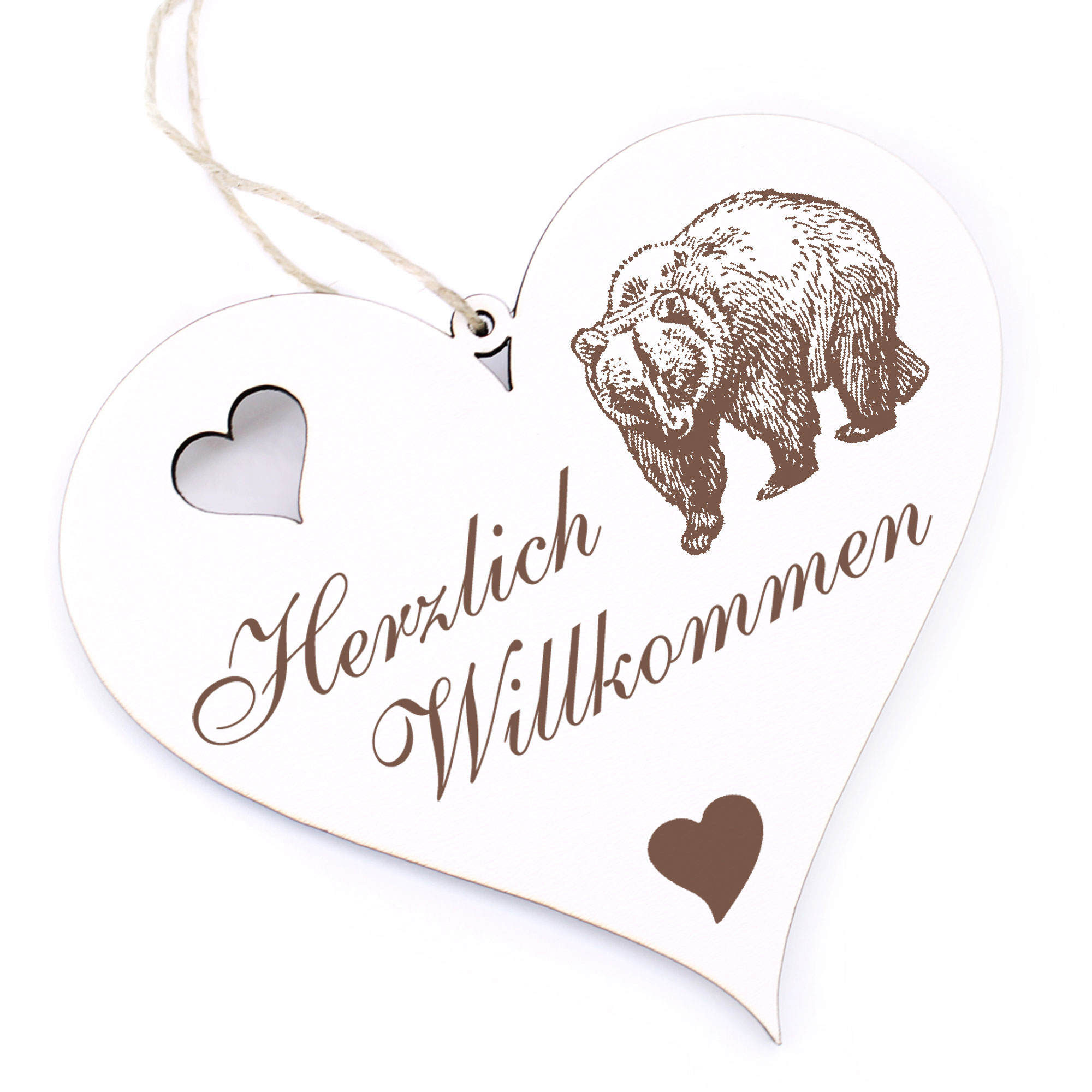 Herzlich Willkommen Schild - Grizzly Bär - Deko Herz Holz