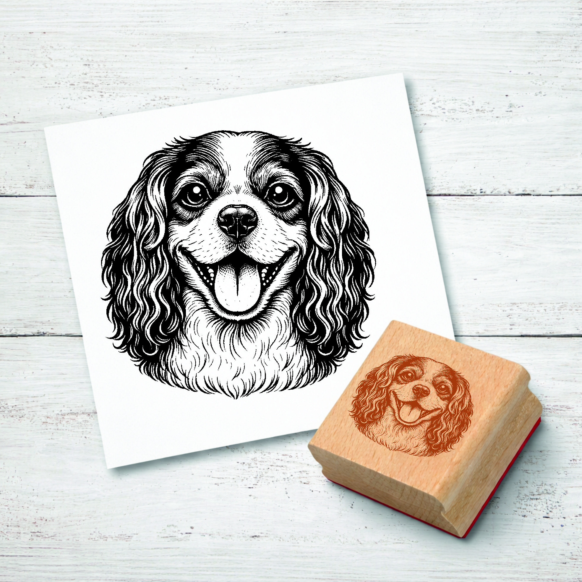 Motivstempel Cavalier King Charles Spaniel Hund - Stempel mit Hundemotiv - Holzstempel Abdruck 48 x 47 mm