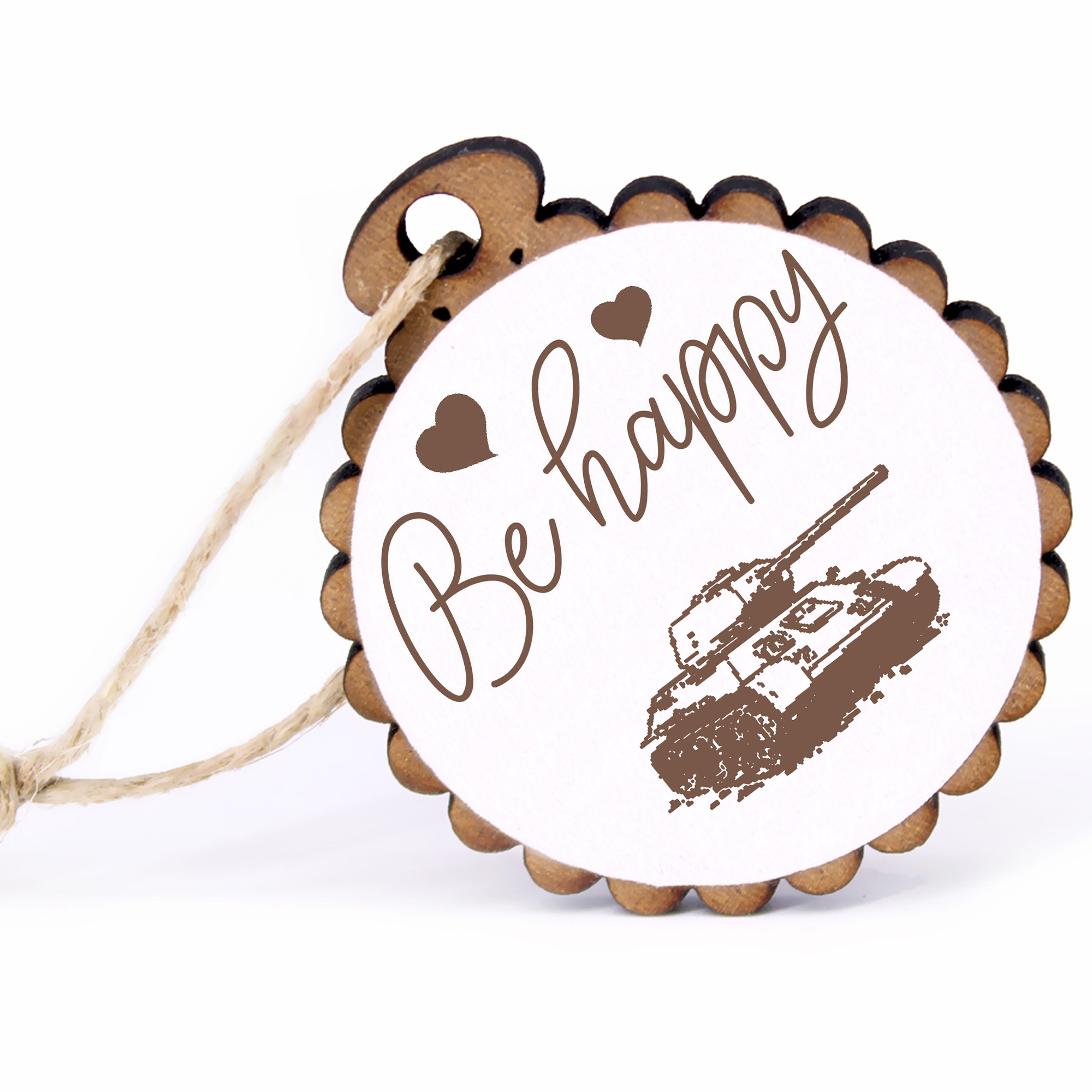 Geschenkanhänger - Be Happy Panzer -  Holz Ø-5cm - mit Juteband
