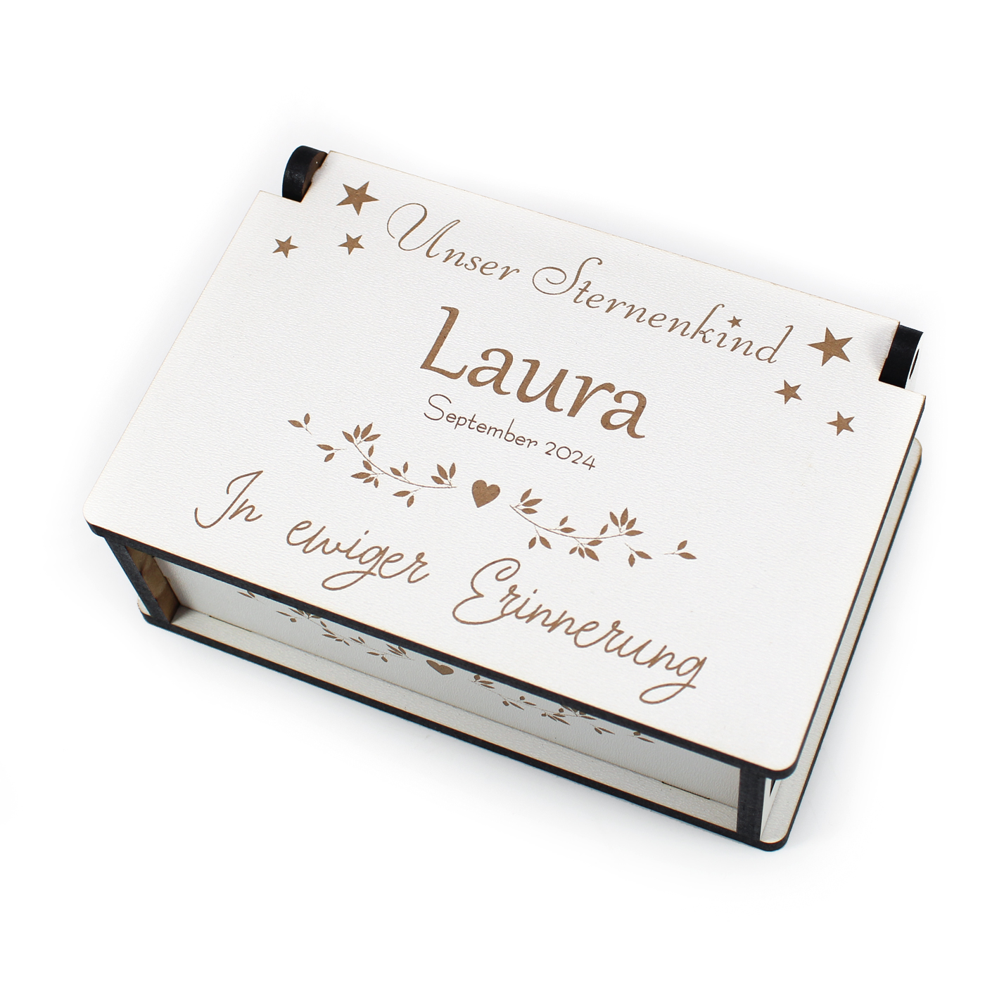 Holzbox Unser Sternenkind personalisiert mit Name und Datum - Erinnerung Trauer Andenken Box 15x10cm