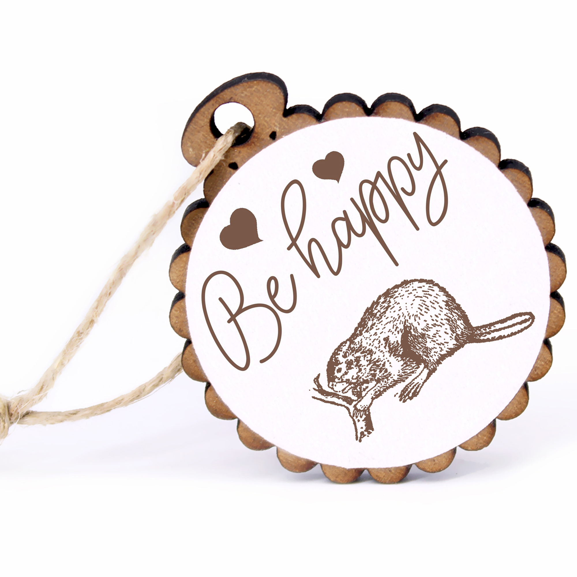 Geschenkanhänger - Be Happy Biber -  Holz Ø-5cm - mit Juteband