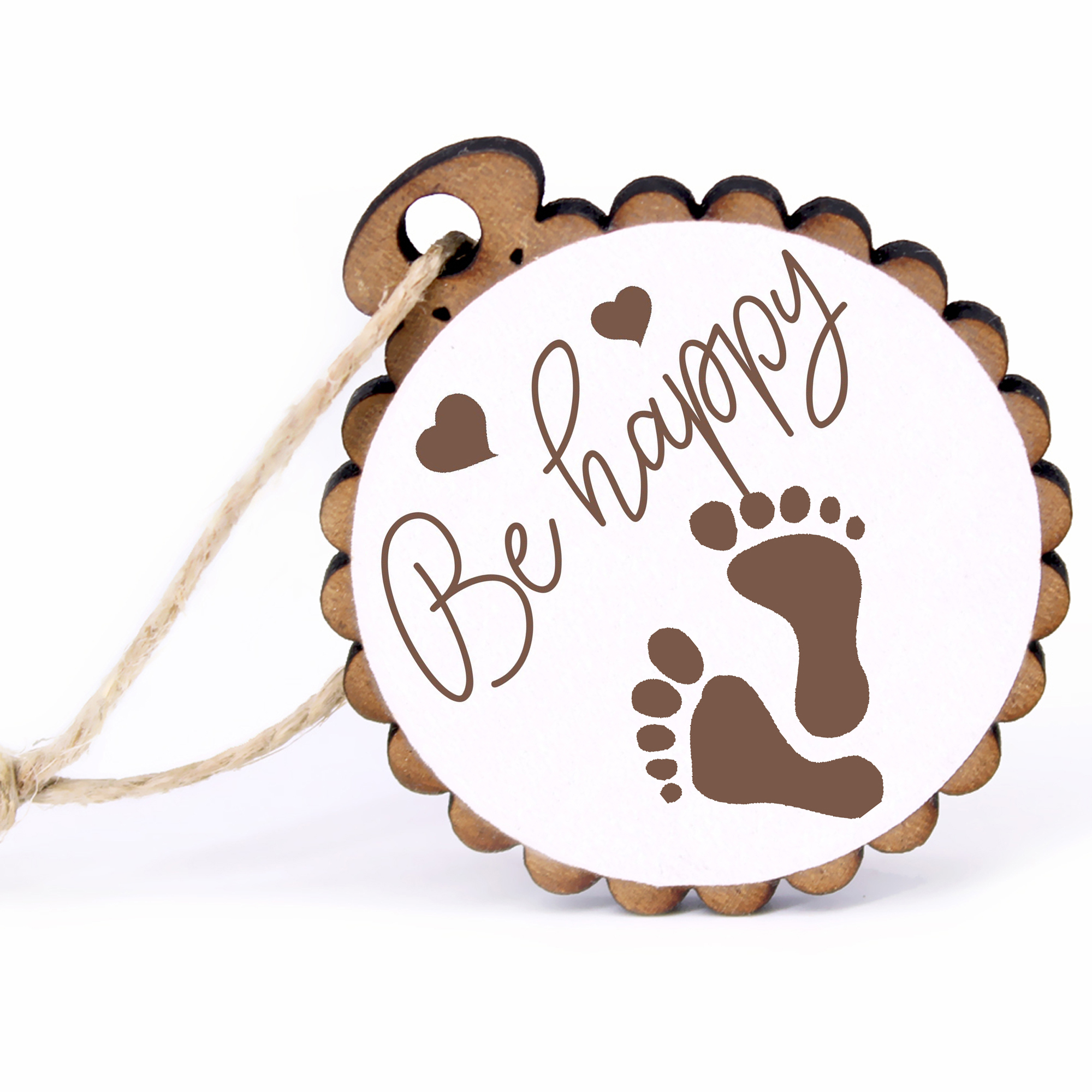 Geschenkanhänger - Be Happy Fußabdrücke -  Holz Ø-5cm - mit Juteband