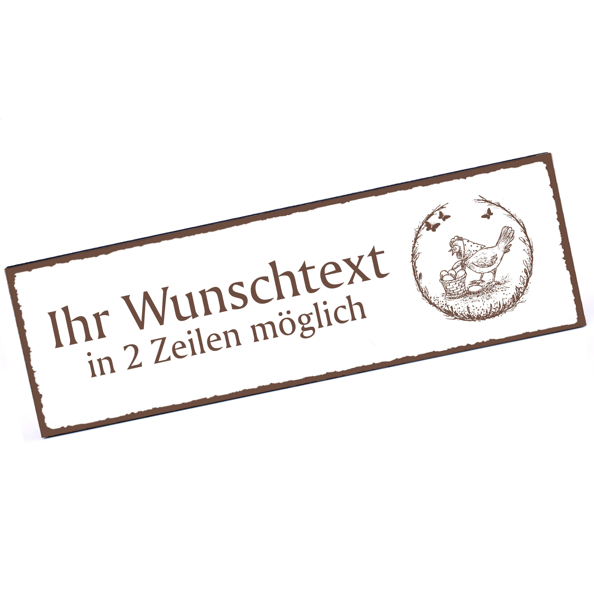 Türschild Huhn mit Eierkorb  Namensschild personalisiert mit Gravur - 150mm x 50mm - selbstklebend
