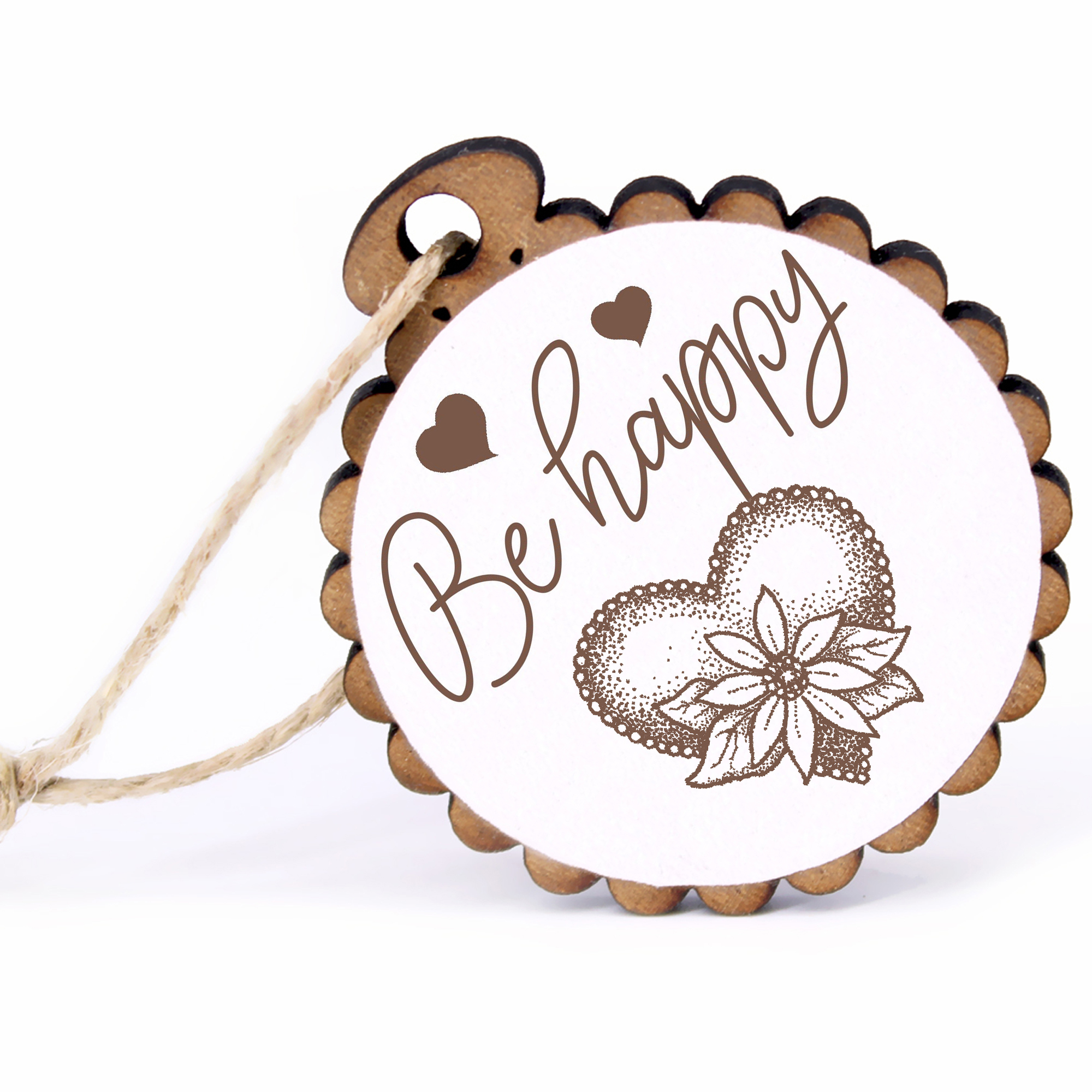 Geschenkanhänger - Be Happy Herz mit Blume -  Holz Ø-5cm - mit Juteband