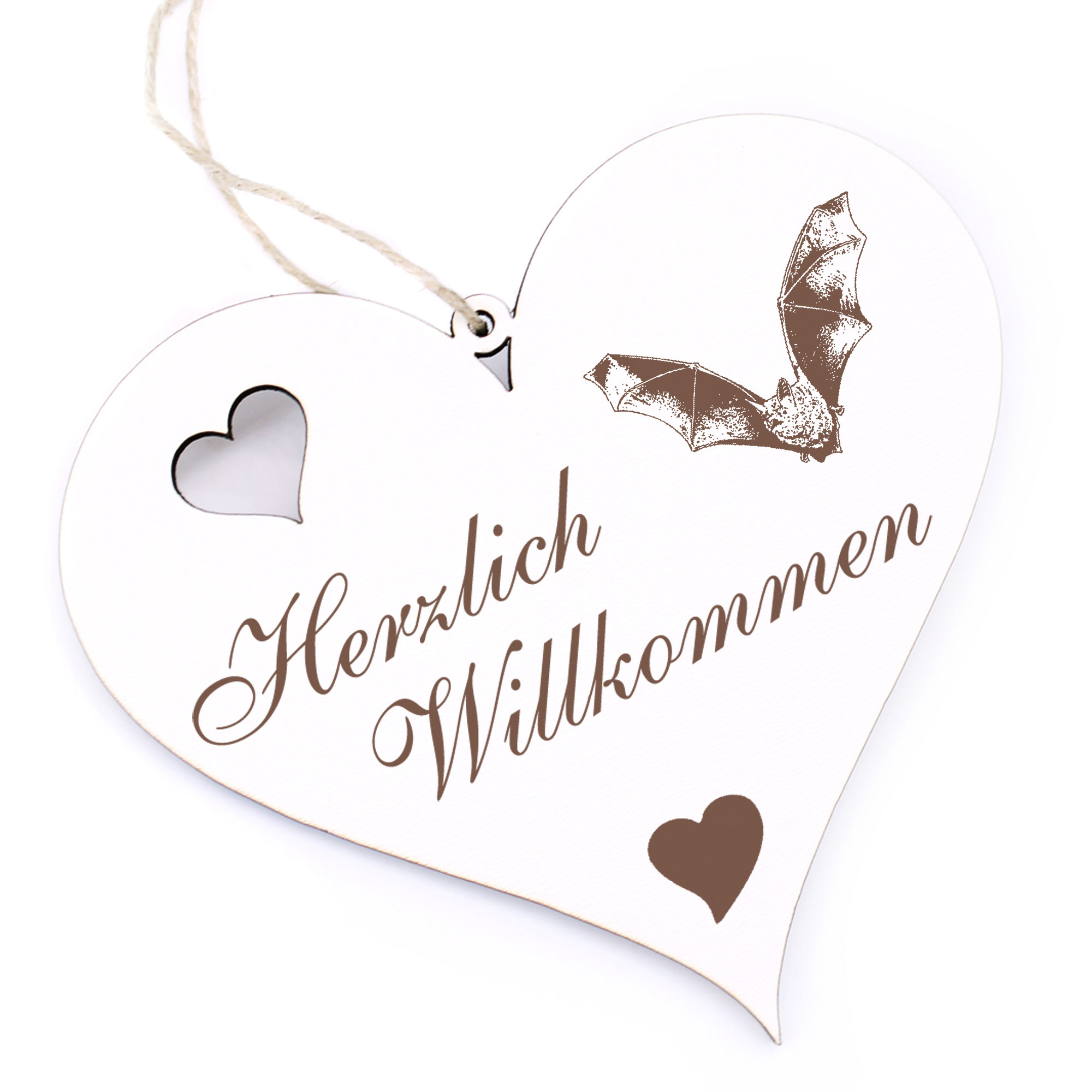 Herzlich Willkommen Schild - Fledermaus - Deko Herz Holz