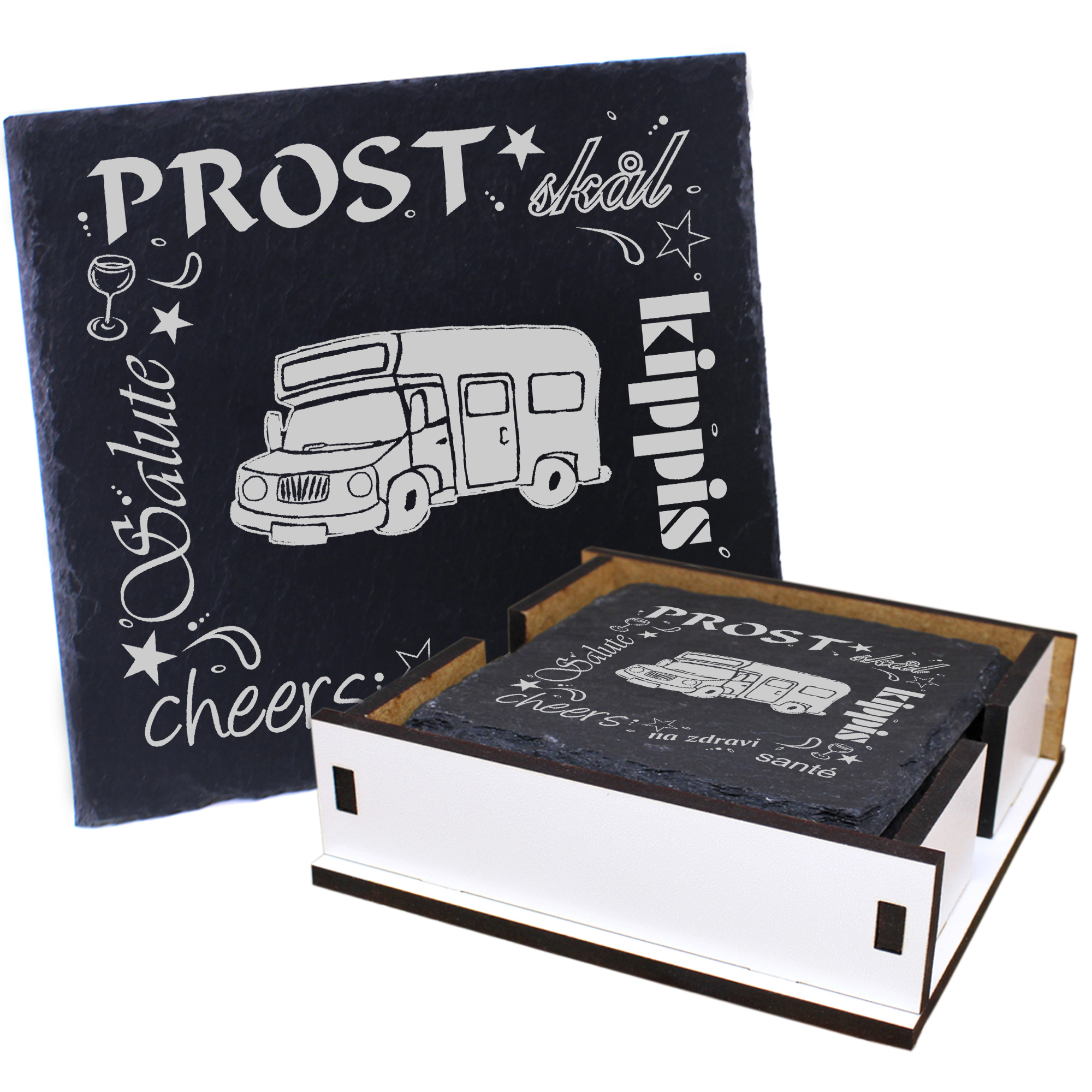 5 x Schiefer Untersetzer - Prost Wohnmobil - inkl. Holzbox & Flaschenuntersetzer
