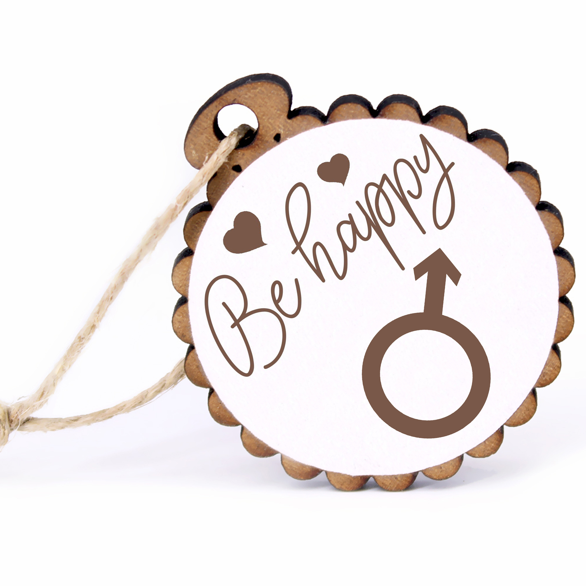 Geschenkanhänger - Be Happy Mann Symbol -  Holz Ø-5cm - mit Juteband