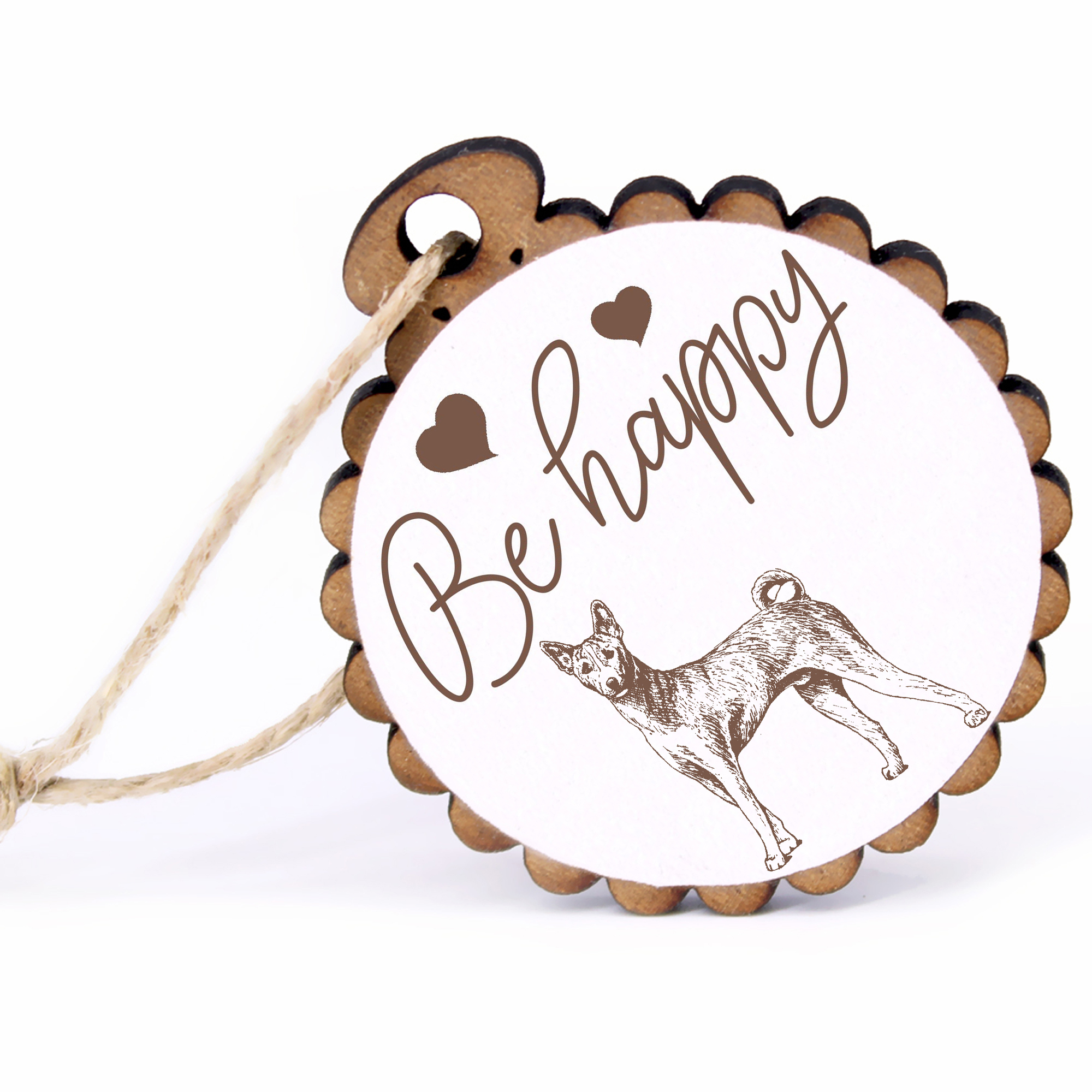 Geschenkanhänger - Be Happy Basenji -  Holz Ø-5cm - mit Juteband