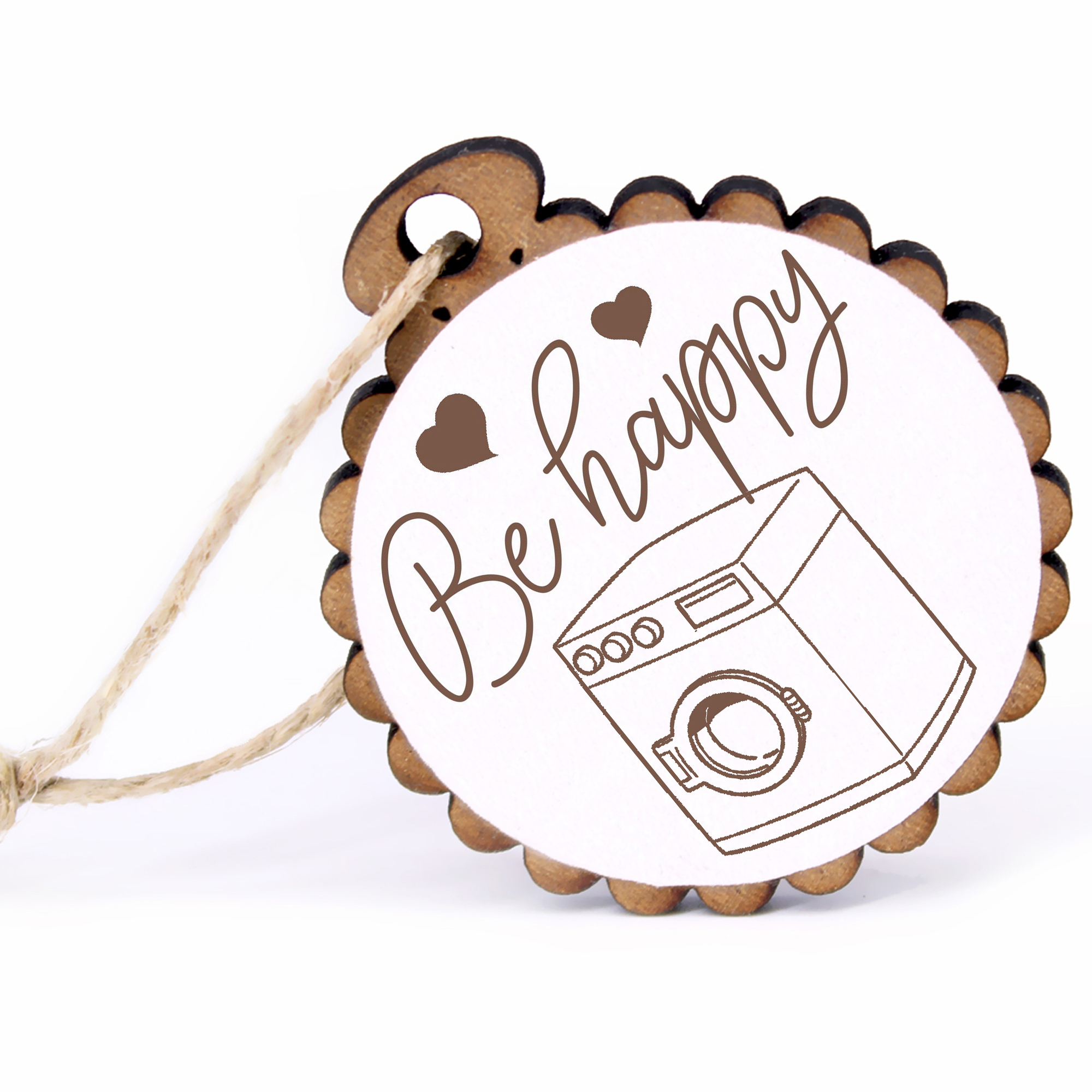 Geschenkanhänger - Be Happy Waschmaschine -  Holz Ø-5cm - mit Juteband