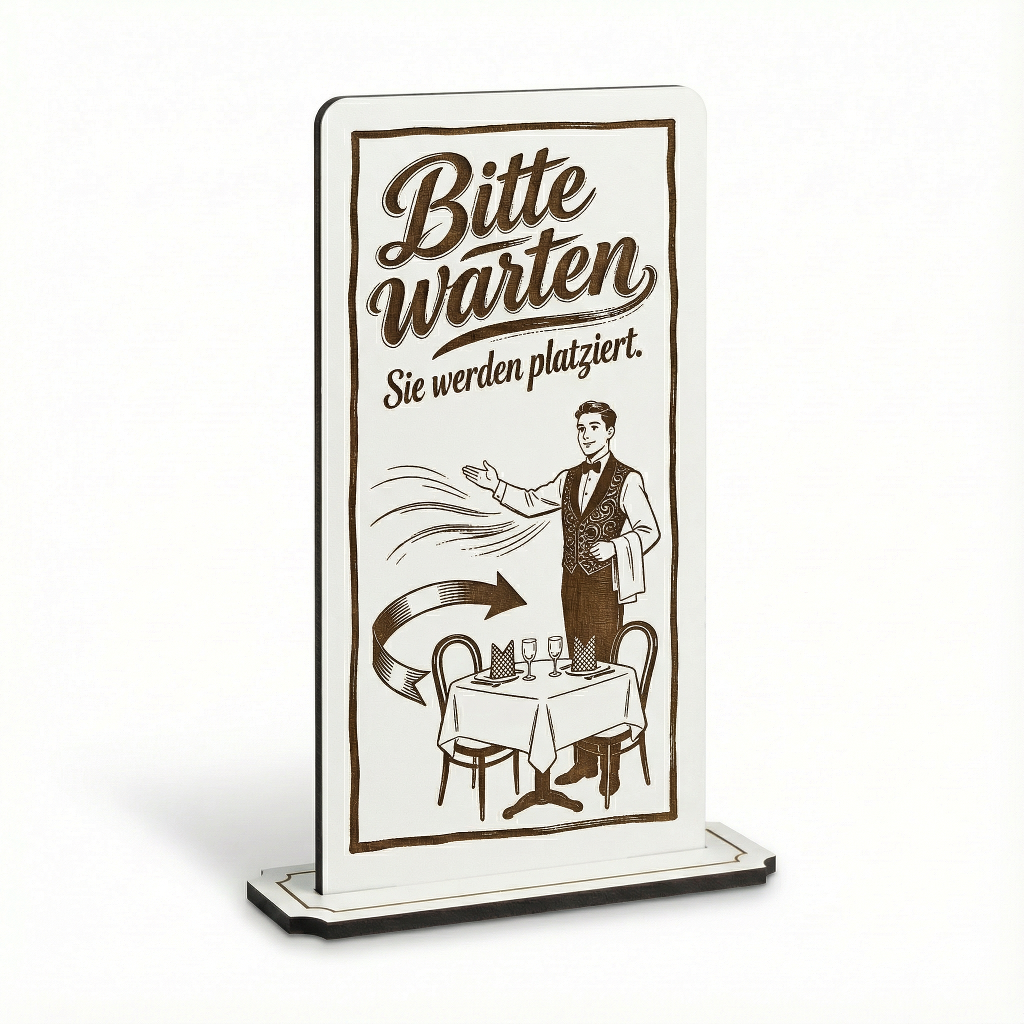 Aufsteller Schild „Bitte warten, Sie werden gleich bedient“ – Tischaufsteller 10x20 cm inkl. Standfuß
