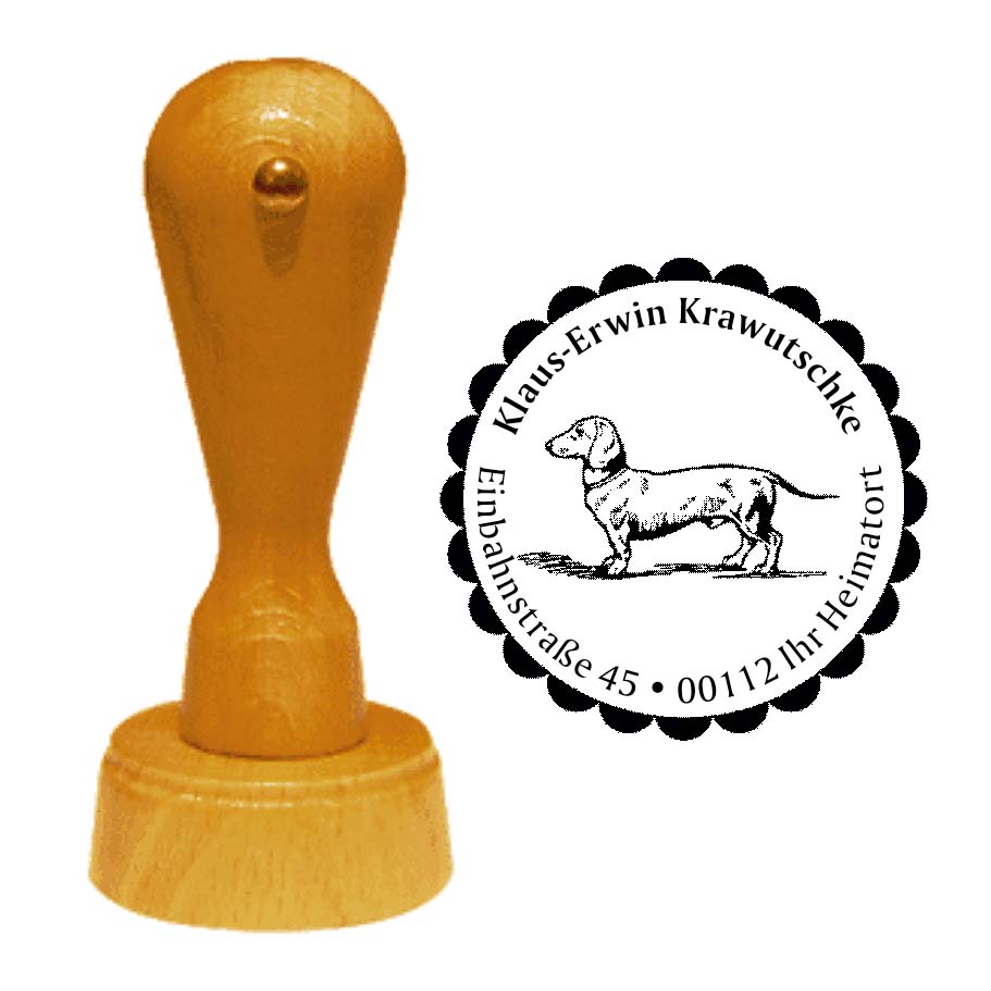 Adressstempel Dackel Dachshund -  Holzstempel personalisiert mit Adresse - Ø 40 mm