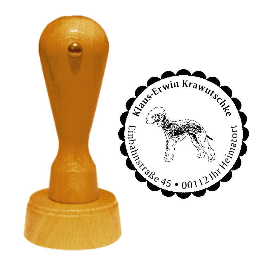 Adressstempel Bedlington Terrier -  Holzstempel personalisiert mit Adresse - Ø 40 mm