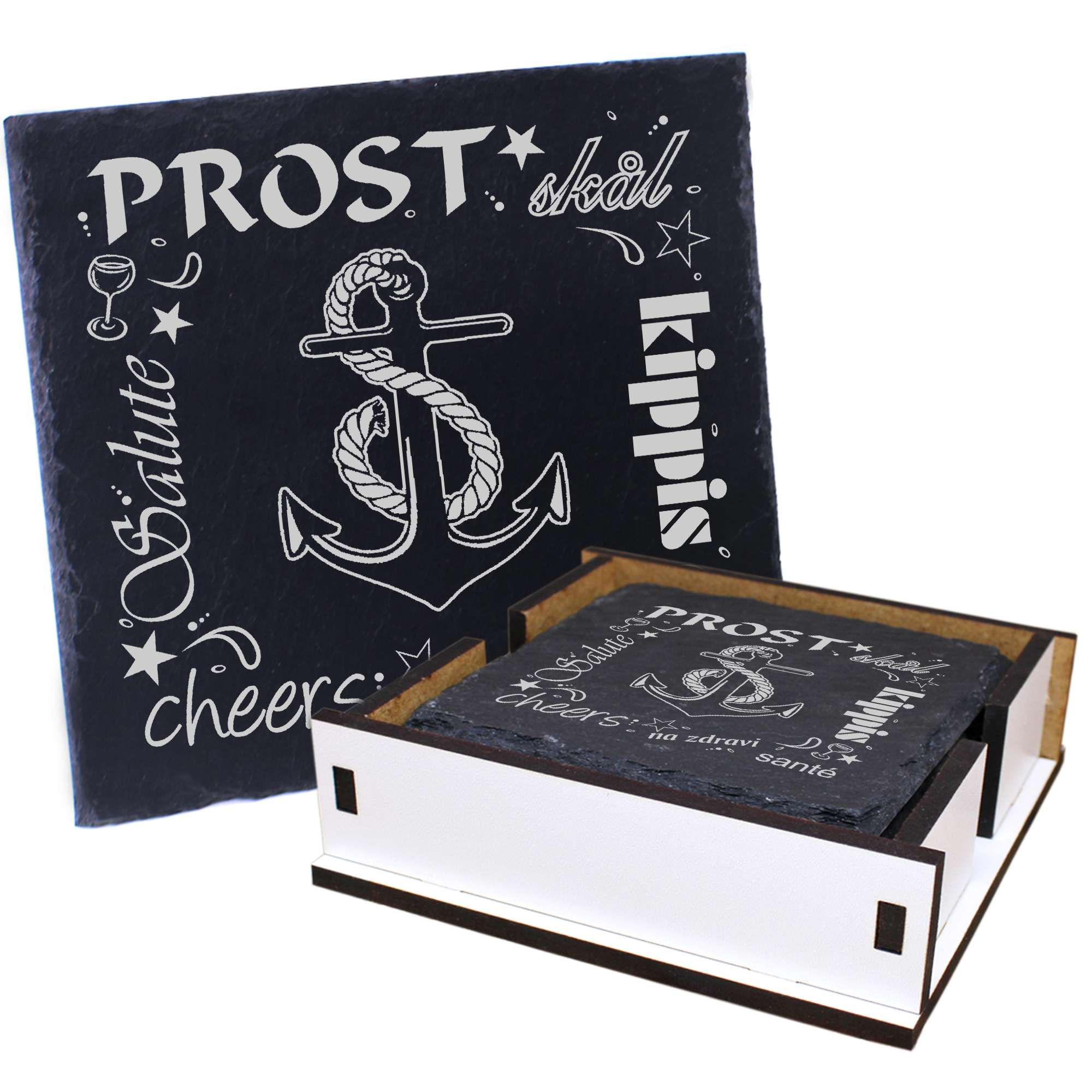 5 x Schiefer Untersetzer - Prost Anker - inkl. Holzbox & Flaschenuntersetzer