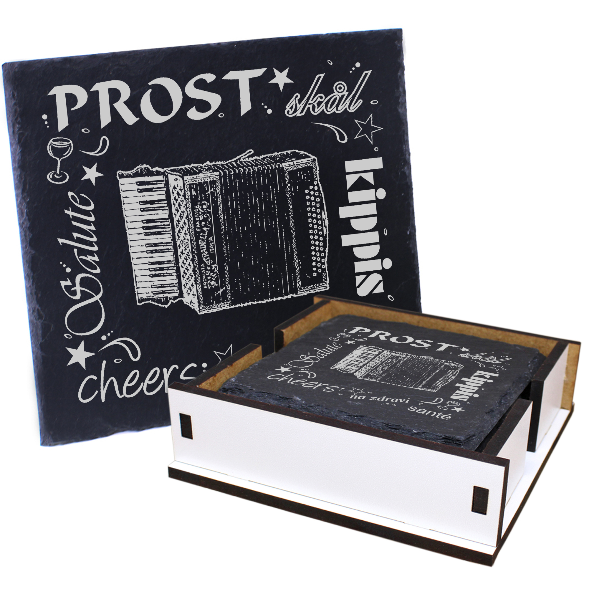 5 x Schiefer Untersetzer - Prost Akkordeon - inkl. Holzbox & Flaschenuntersetzer