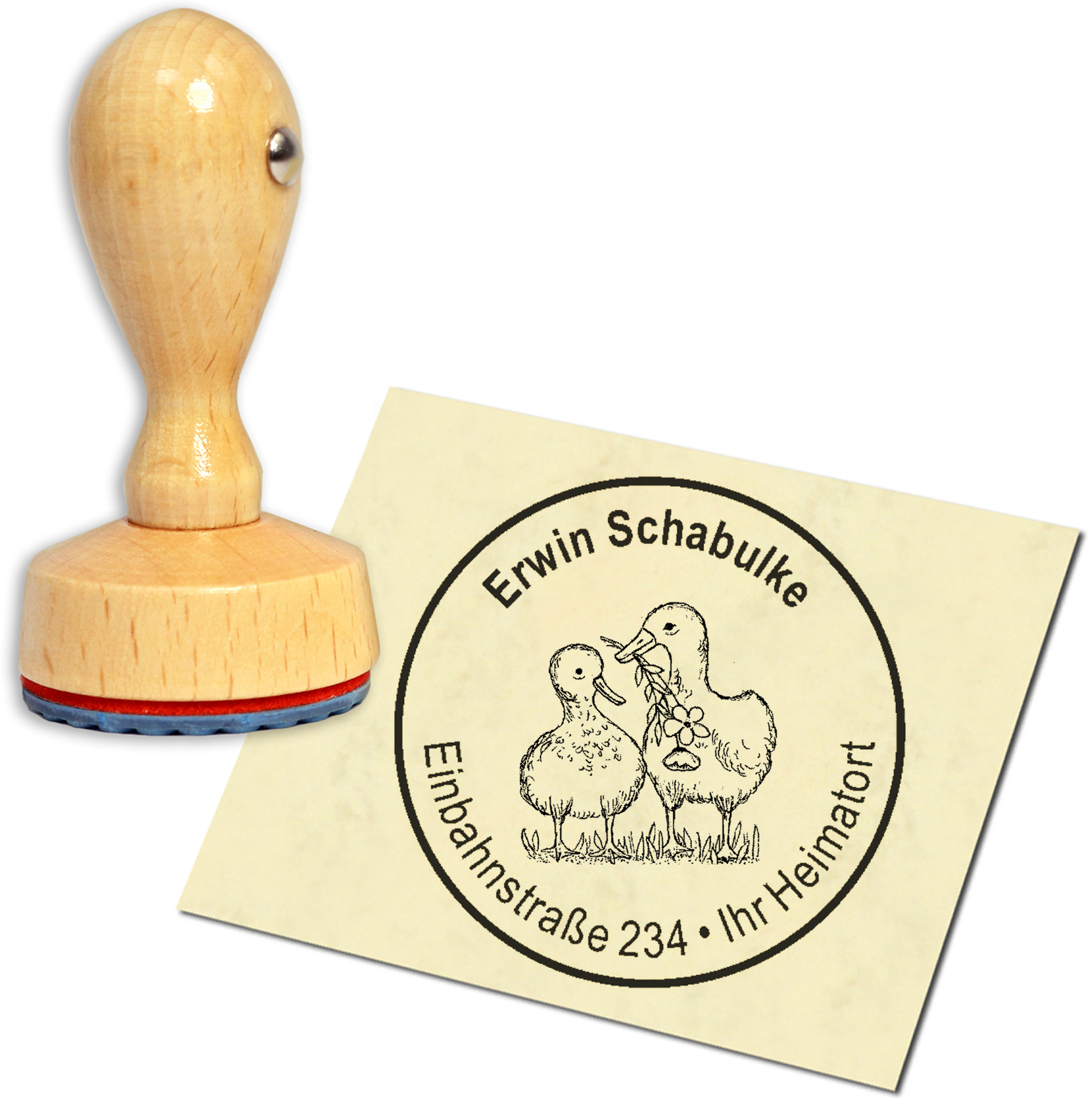 Stempel Adressstempel Holzstempel - Entenpaar - rund 40mm
