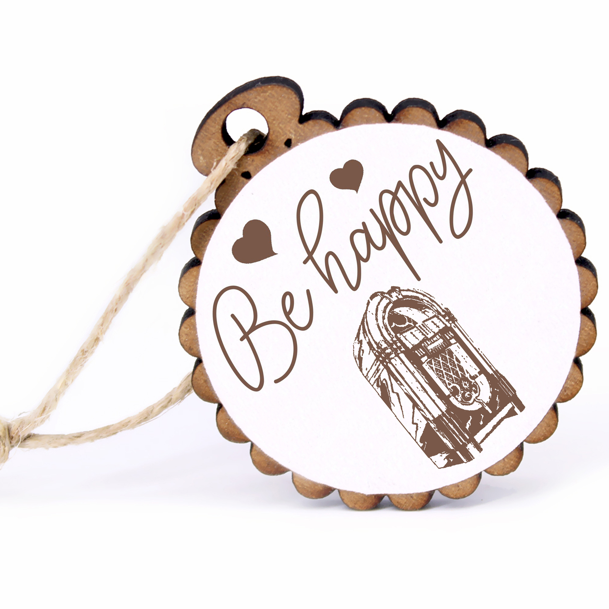 Geschenkanhänger - Be Happy Jukebox -  Holz Ø-5cm - mit Juteband