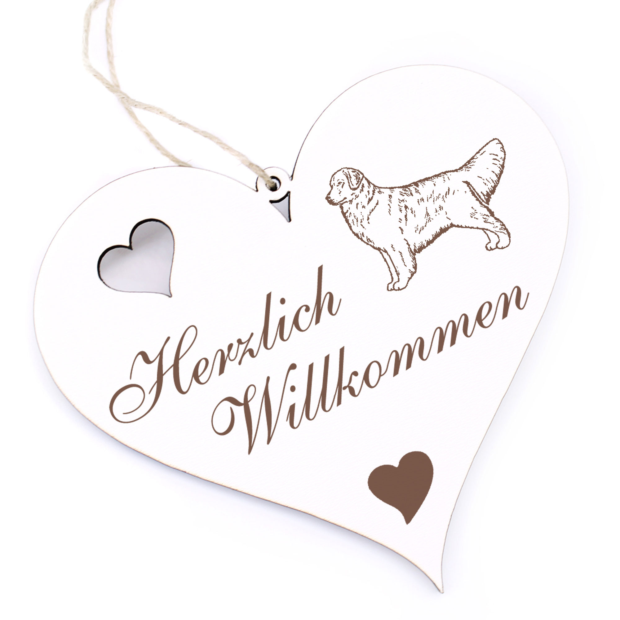 Herzlich Willkommen Schild - Golden Retriever - Deko Herz Holz