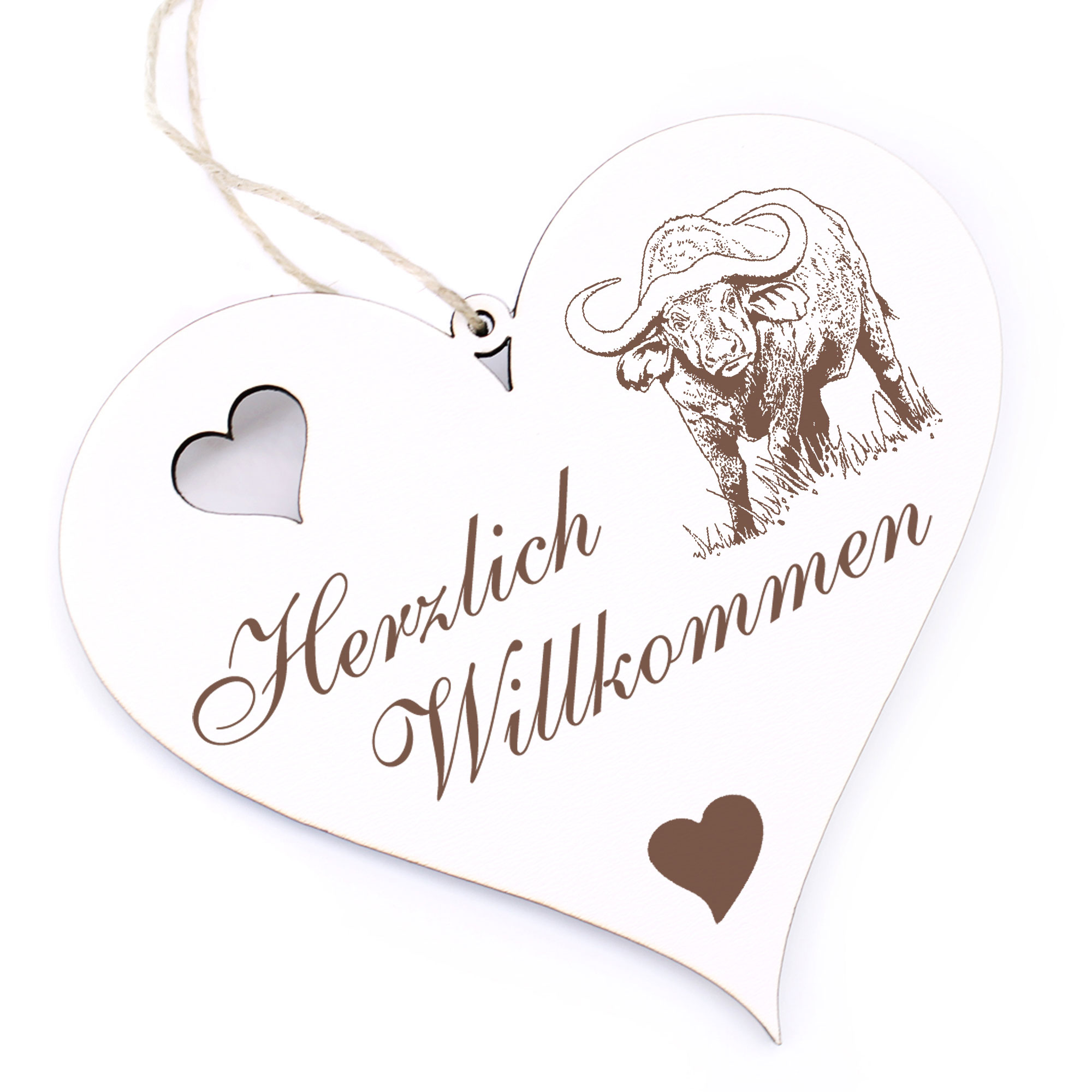 Herzlich Willkommen Schild - Wasserbüffel - Deko Herz Holz