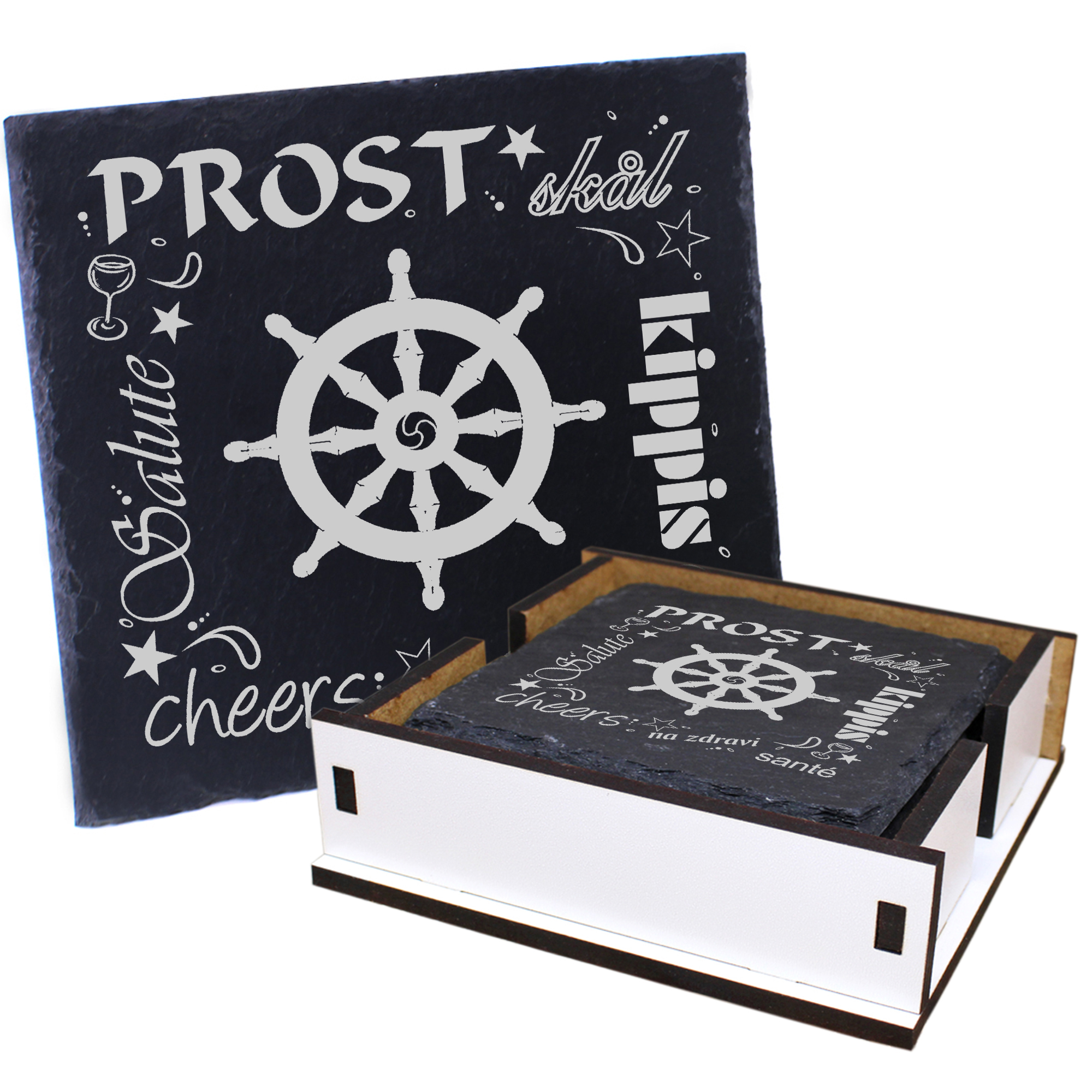 5 x Schiefer Untersetzer - Prost Buddhismusrad - inkl. Holzbox & Flaschenuntersetzer