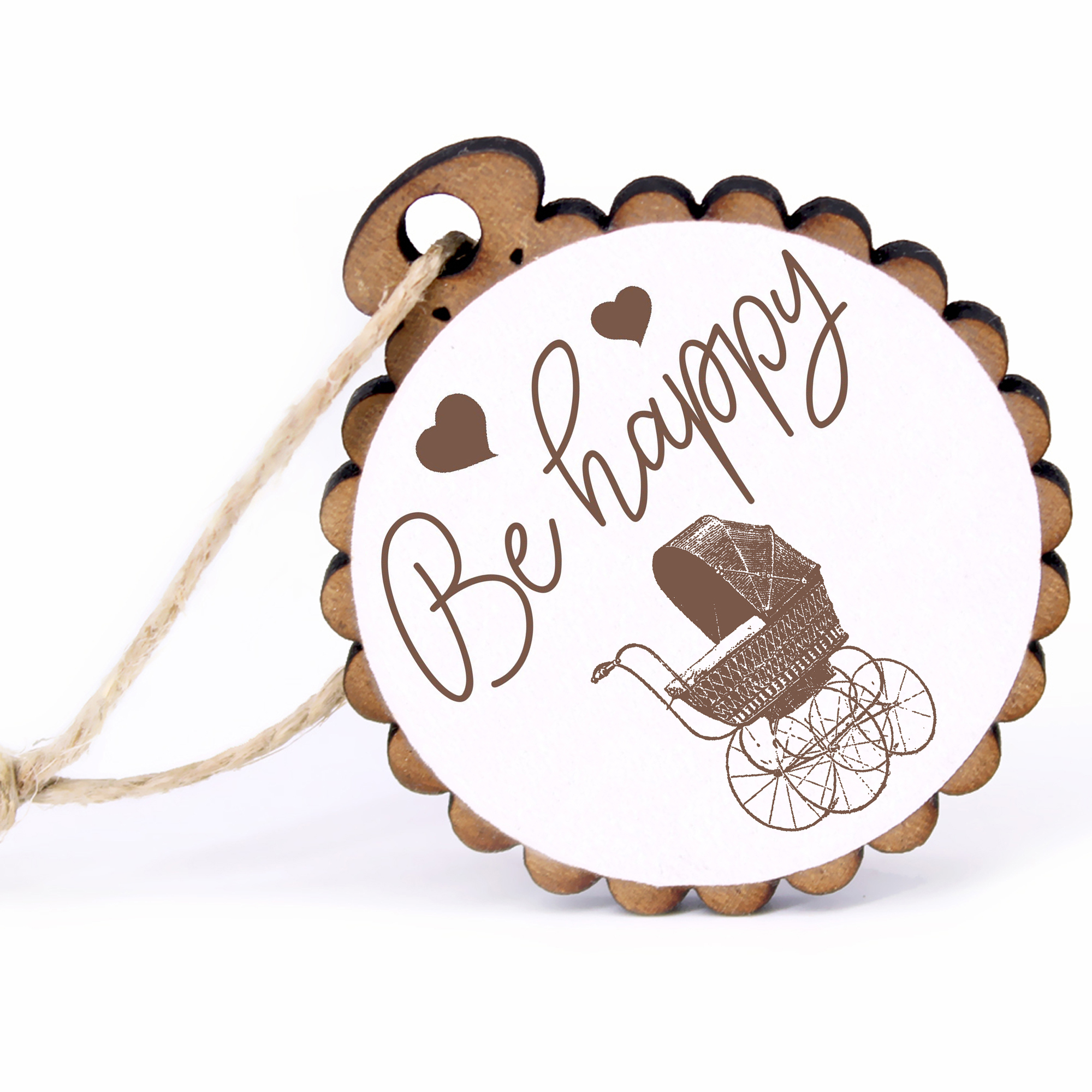 Geschenkanhänger - Be Happy alter Kinderwagen -  Holz Ø-5cm - mit Juteband