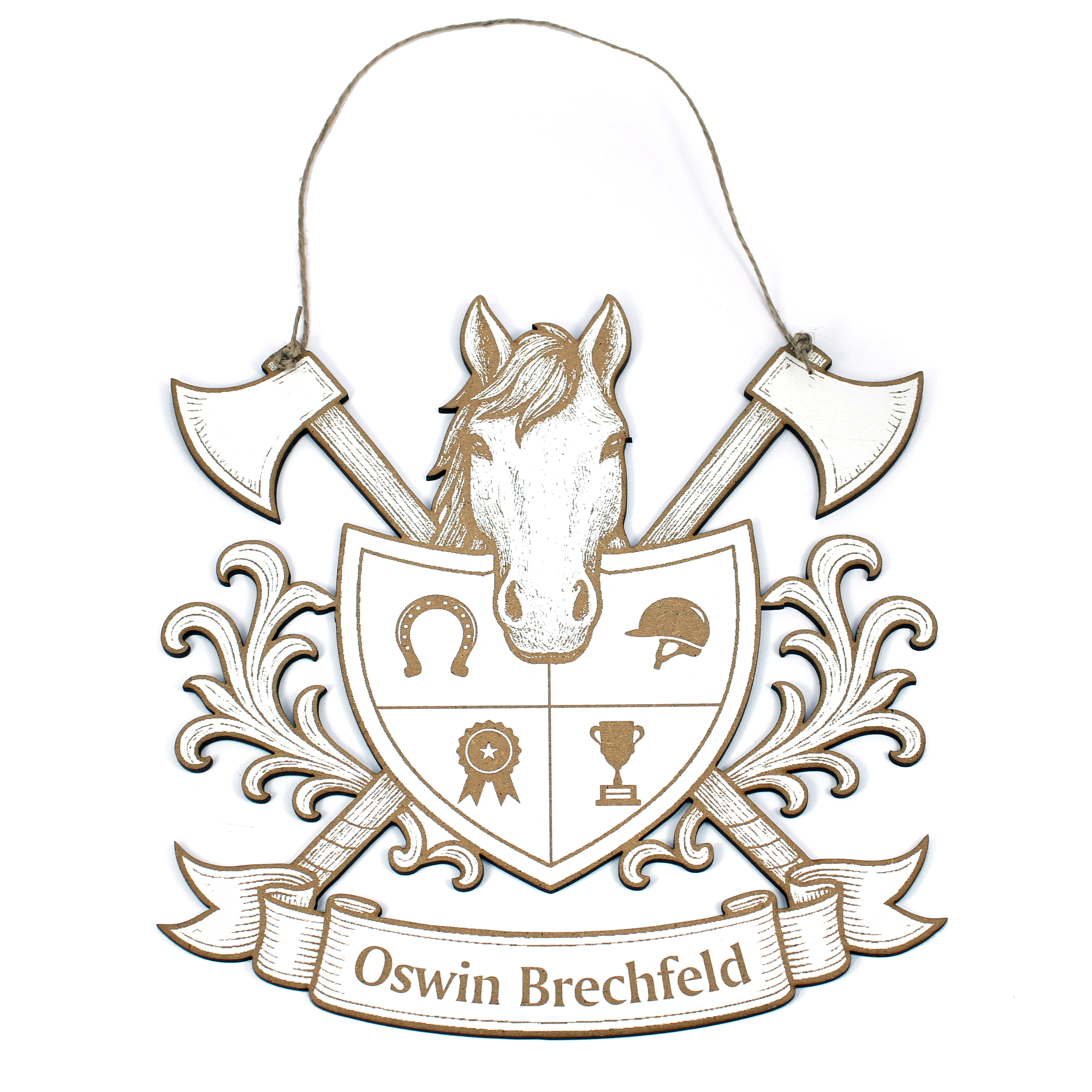 Schild Pferd Familienwappen 20x20 cm – Weißes Wanddeko Wappen mit brauner Gravur, Pferdekopf & personalisierbarem Namensbanner – Geschenkidee für Pferdeliebhaber & Reiter