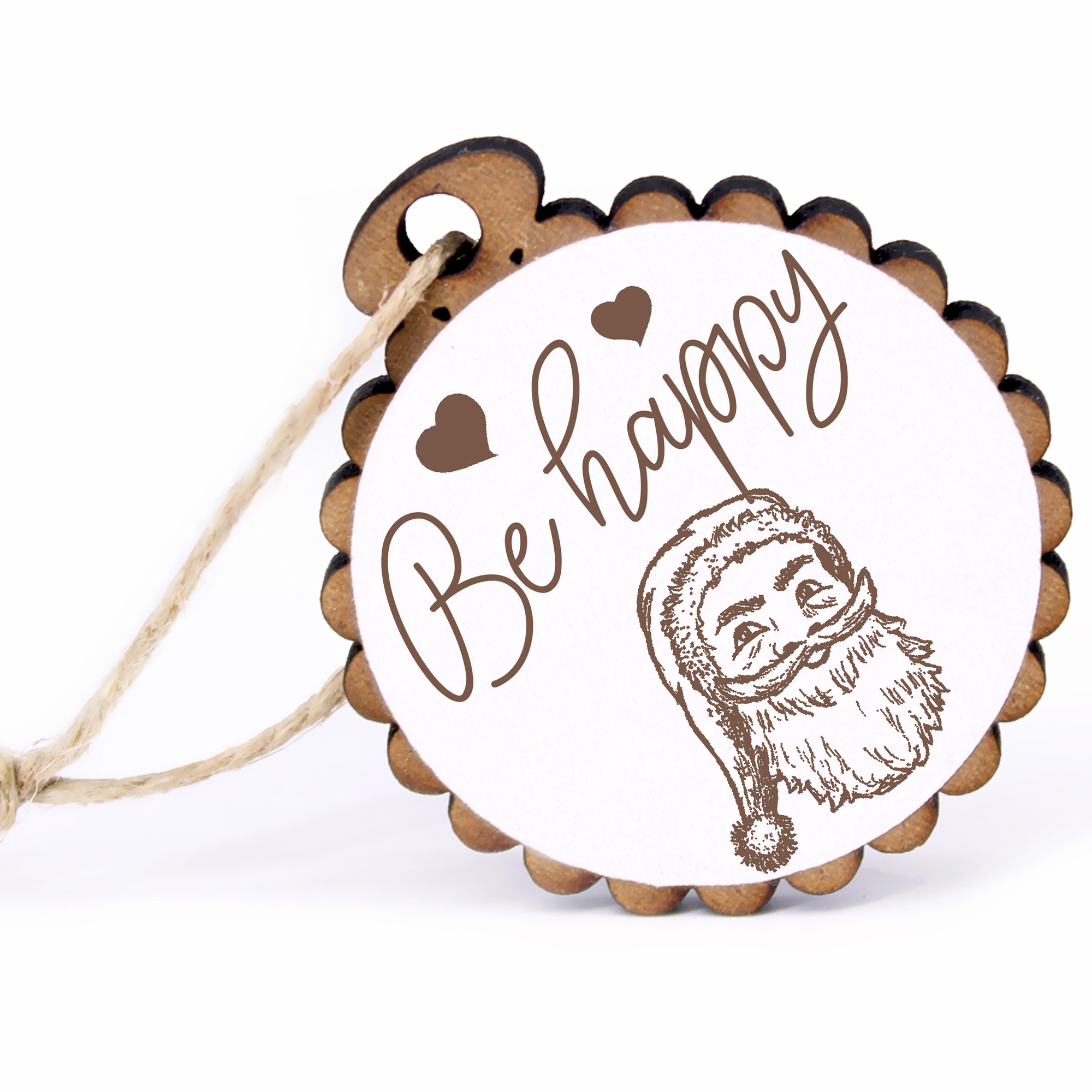 Geschenkanhänger - Be Happy Weihnachtsmann -  Holz Ø-5cm - mit Juteband