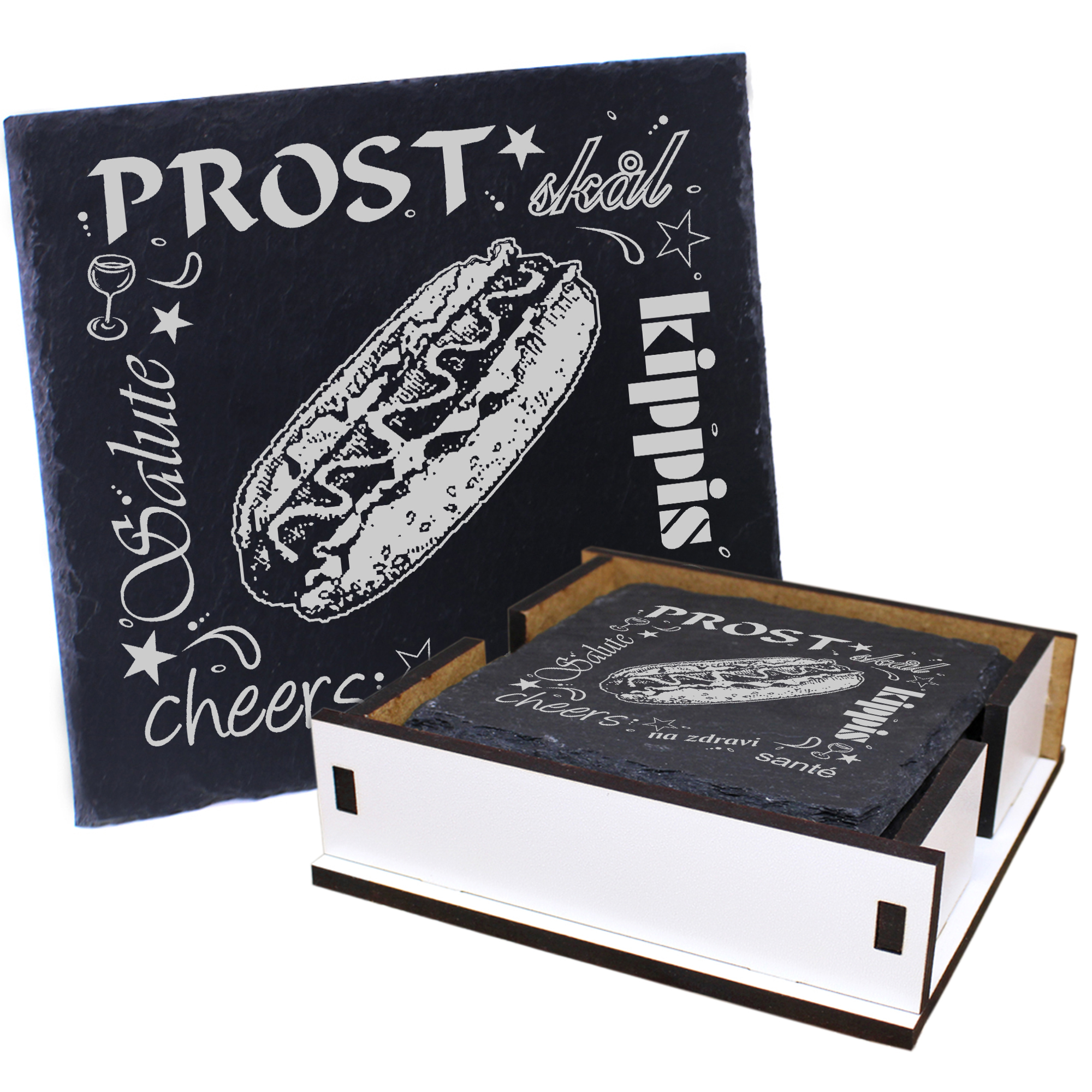 5 x Schiefer Untersetzer - Prost Hotdog - inkl. Holzbox & Flaschenuntersetzer