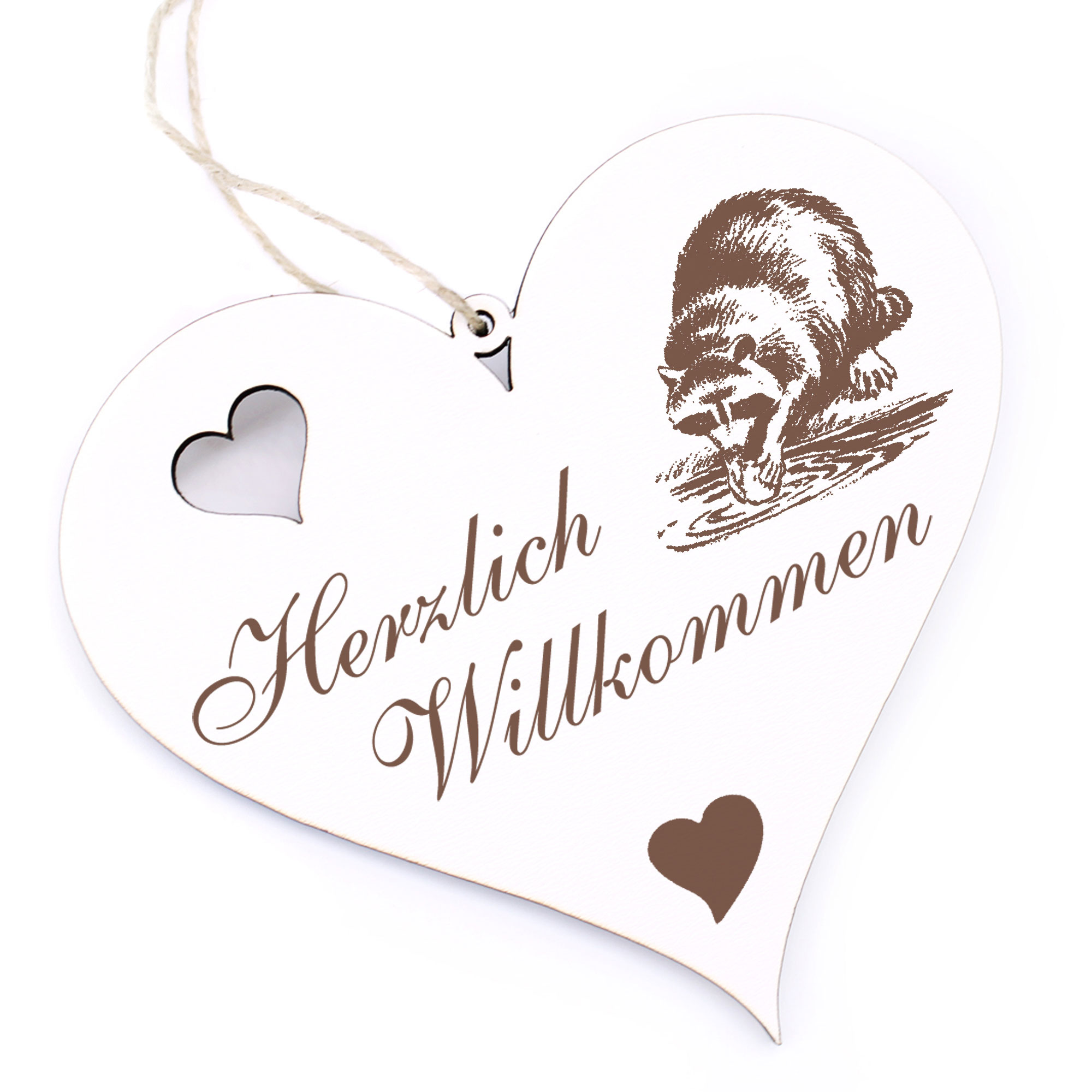 Herzlich Willkommen Schild - Waschbär - Deko Herz Holz
