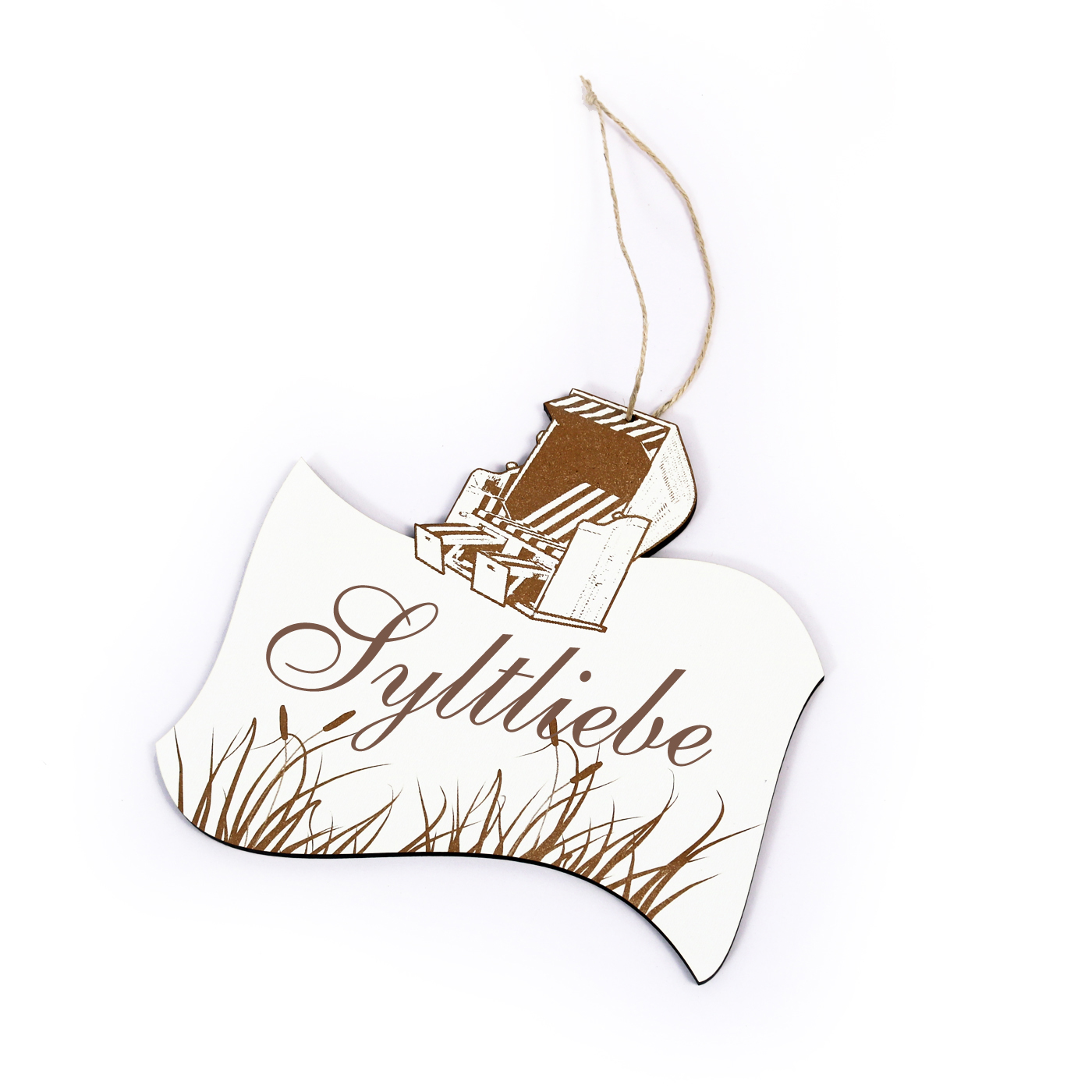 Maritimes Schild « SYLT LIEBE » mit Strandkorb und Schilf