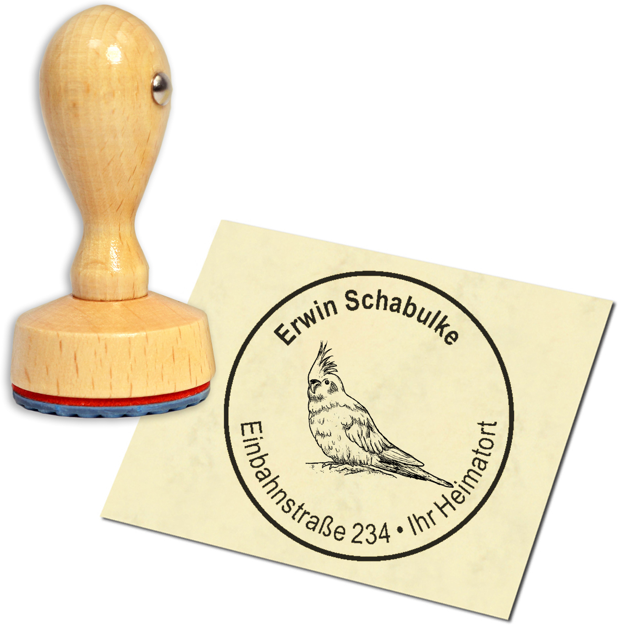 Stempel Adressstempel Holzstempel - Nymphensittich - rund 40mm