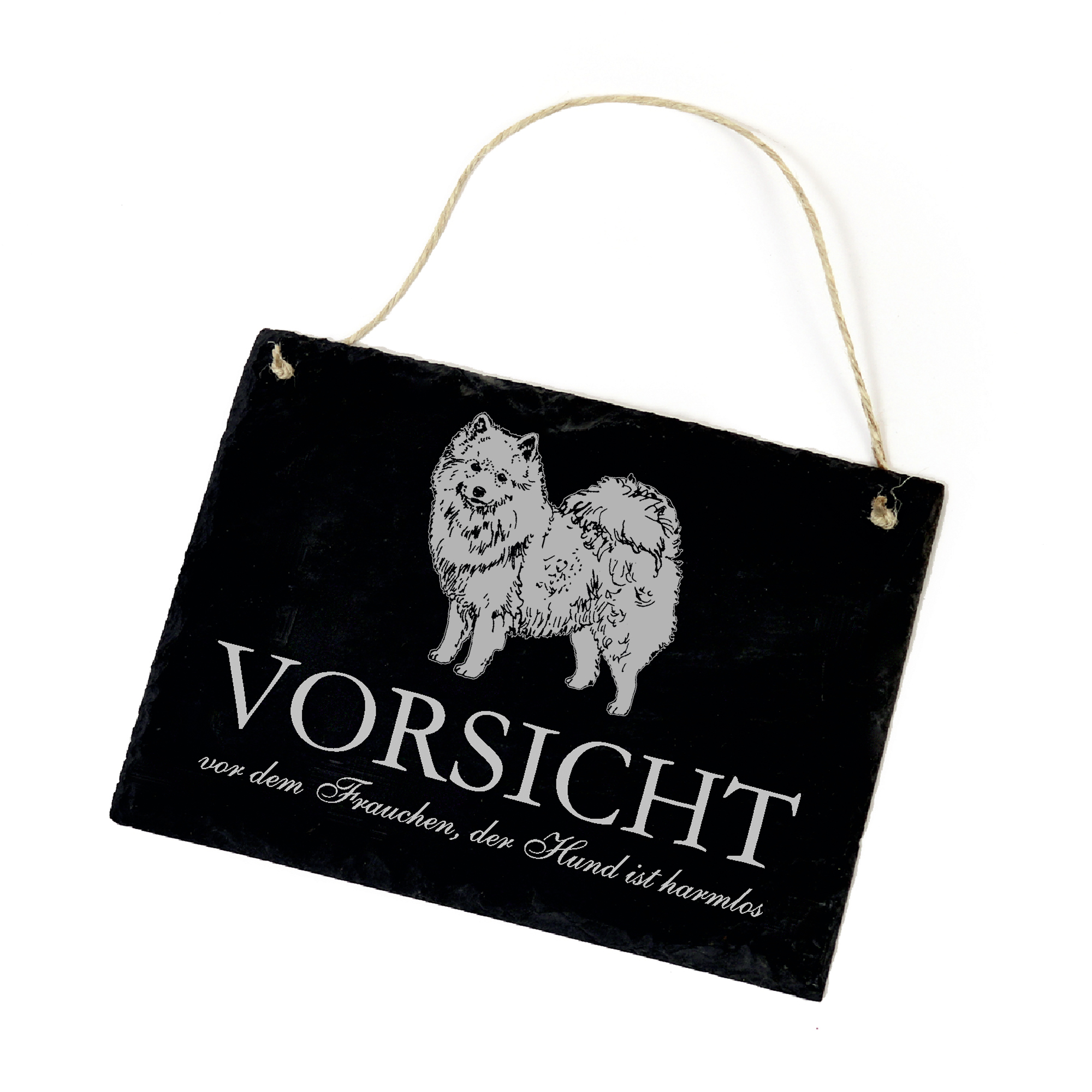 Hundeschild American Eskimo Schild aus Schiefer - Vorsicht vor dem Frauchen - 22cm x 16cm