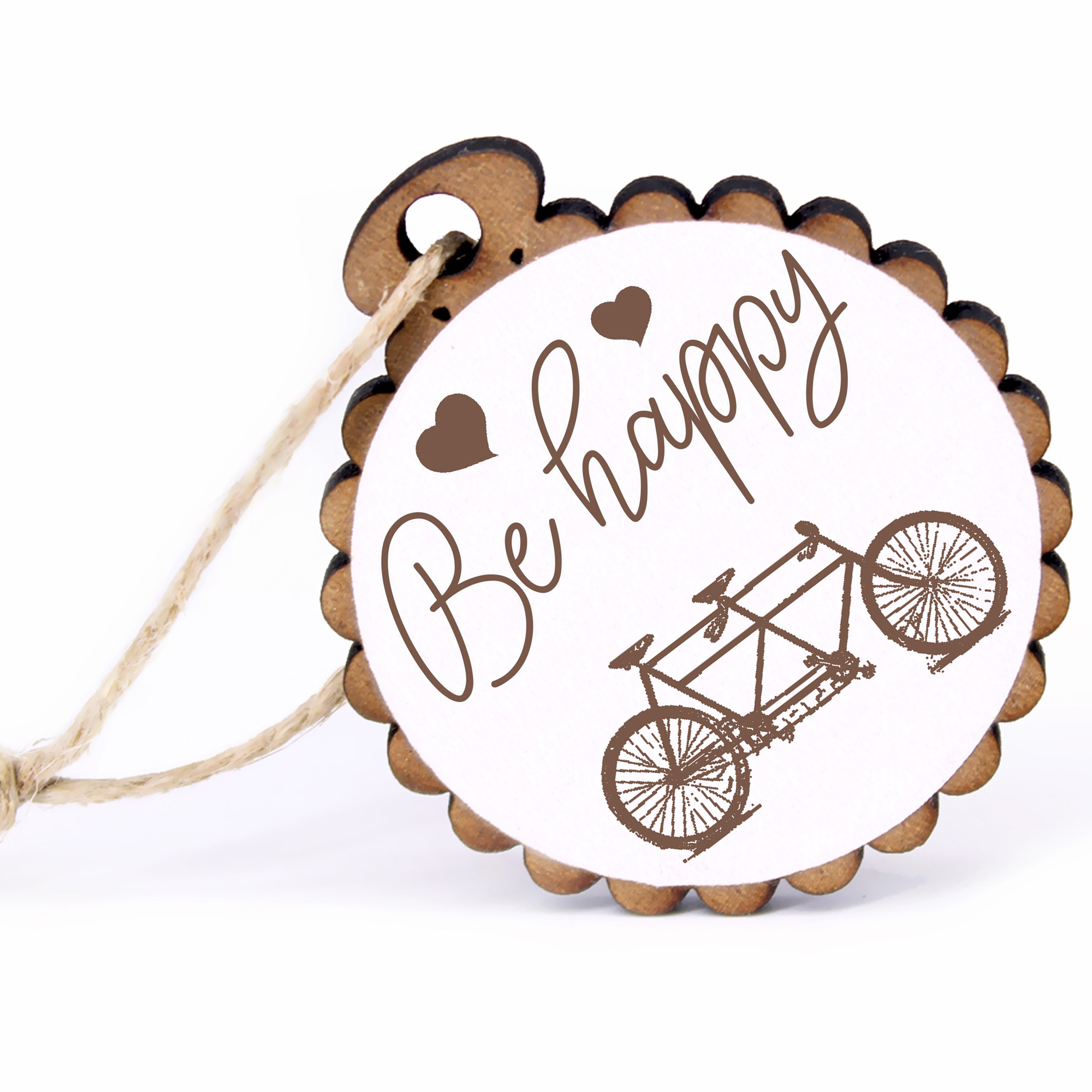 Geschenkanhänger - Be Happy Tandem -  Holz Ø-5cm - mit Juteband