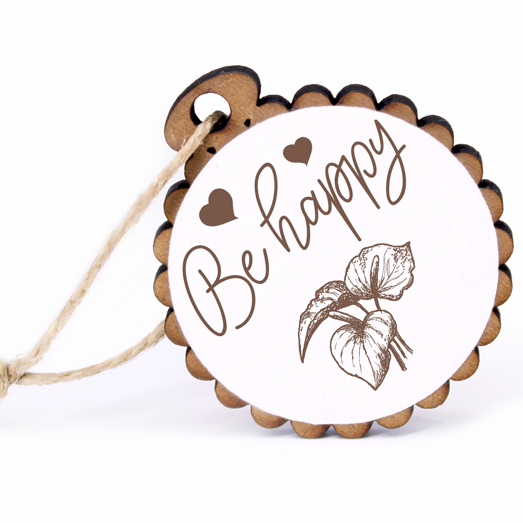 Geschenkanhänger - Be Happy Anthurie -  Holz Ø-5cm - mit Juteband