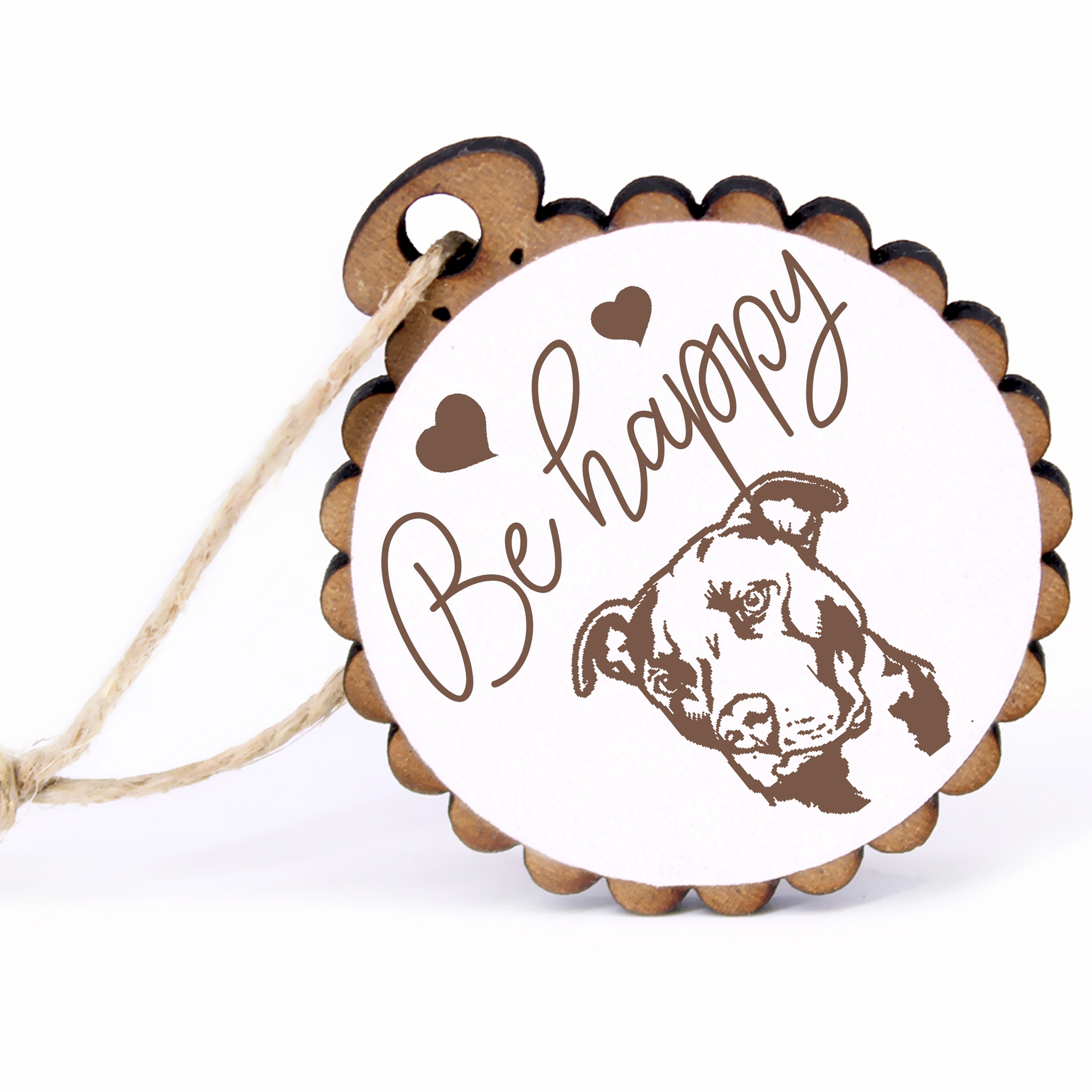 Geschenkanhänger - Be Happy American Pit Bull Terrier Kopf -  Holz Ø-5cm - mit Juteband