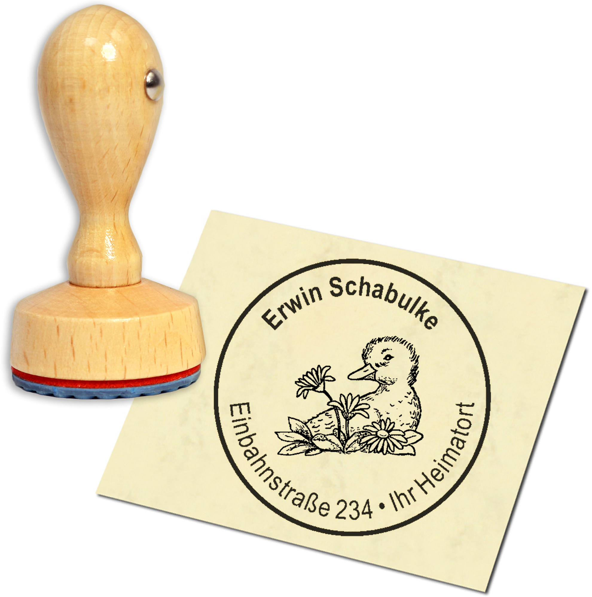 Stempel Adressstempel Holzstempel - Ente mit Blume - rund 40mm