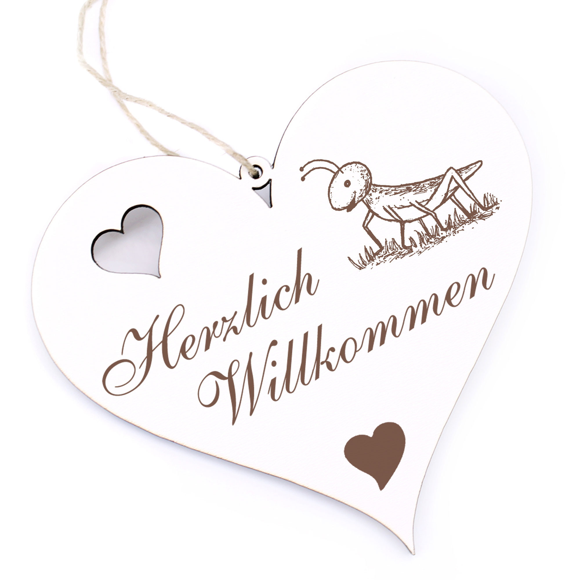 Herzlich Willkommen Schild - niedlicher Grashüpfer - Deko Herz Holz