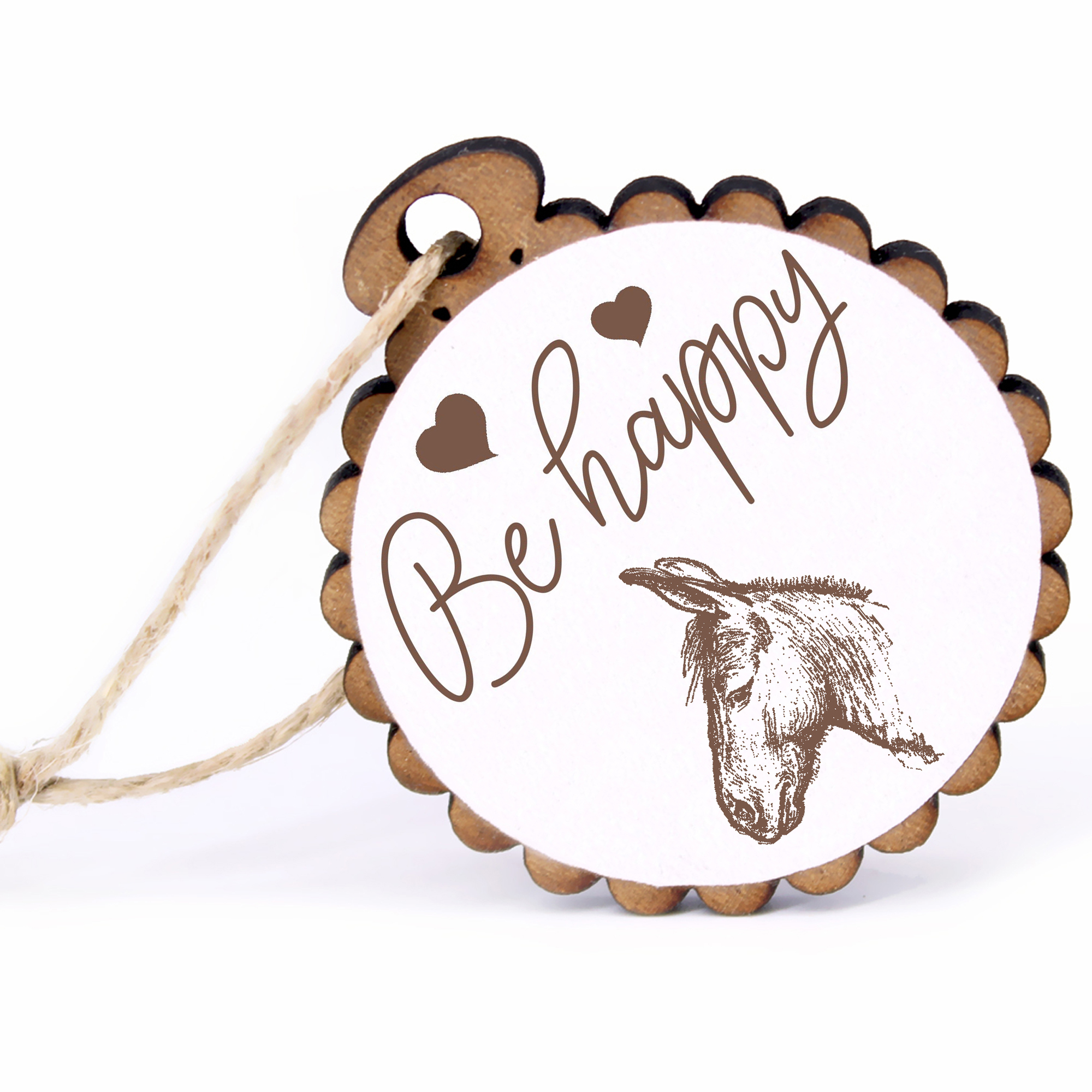 Geschenkanhänger - Be Happy Eselkopf -  Holz Ø-5cm - mit Juteband