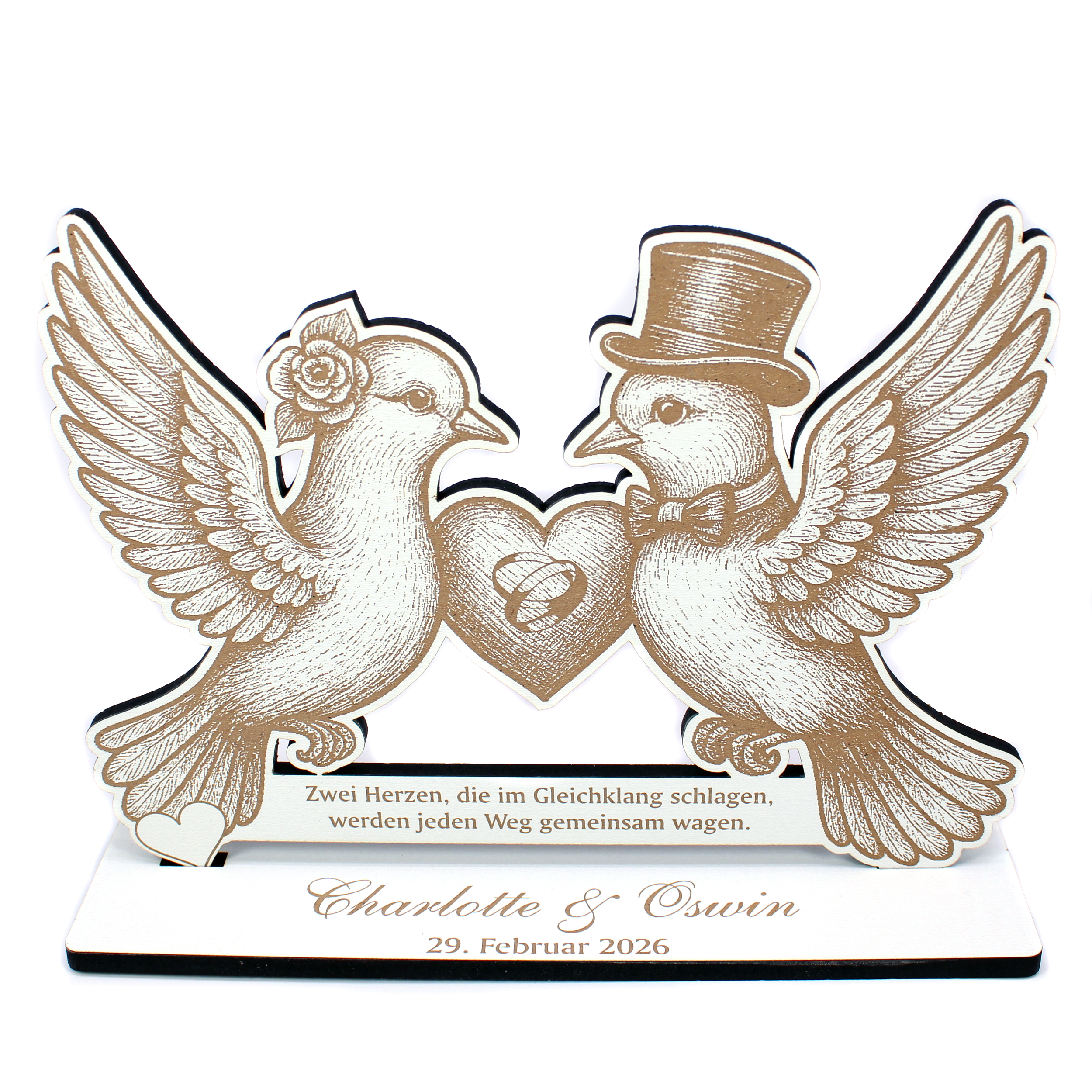 Geldgeschenk Aufsteller „Tauben Hochzeit“ – HDF Dekoaufsteller mit Tauben, Herz & Eheringen – weiß mit brauner Gravur, 20×15 cm