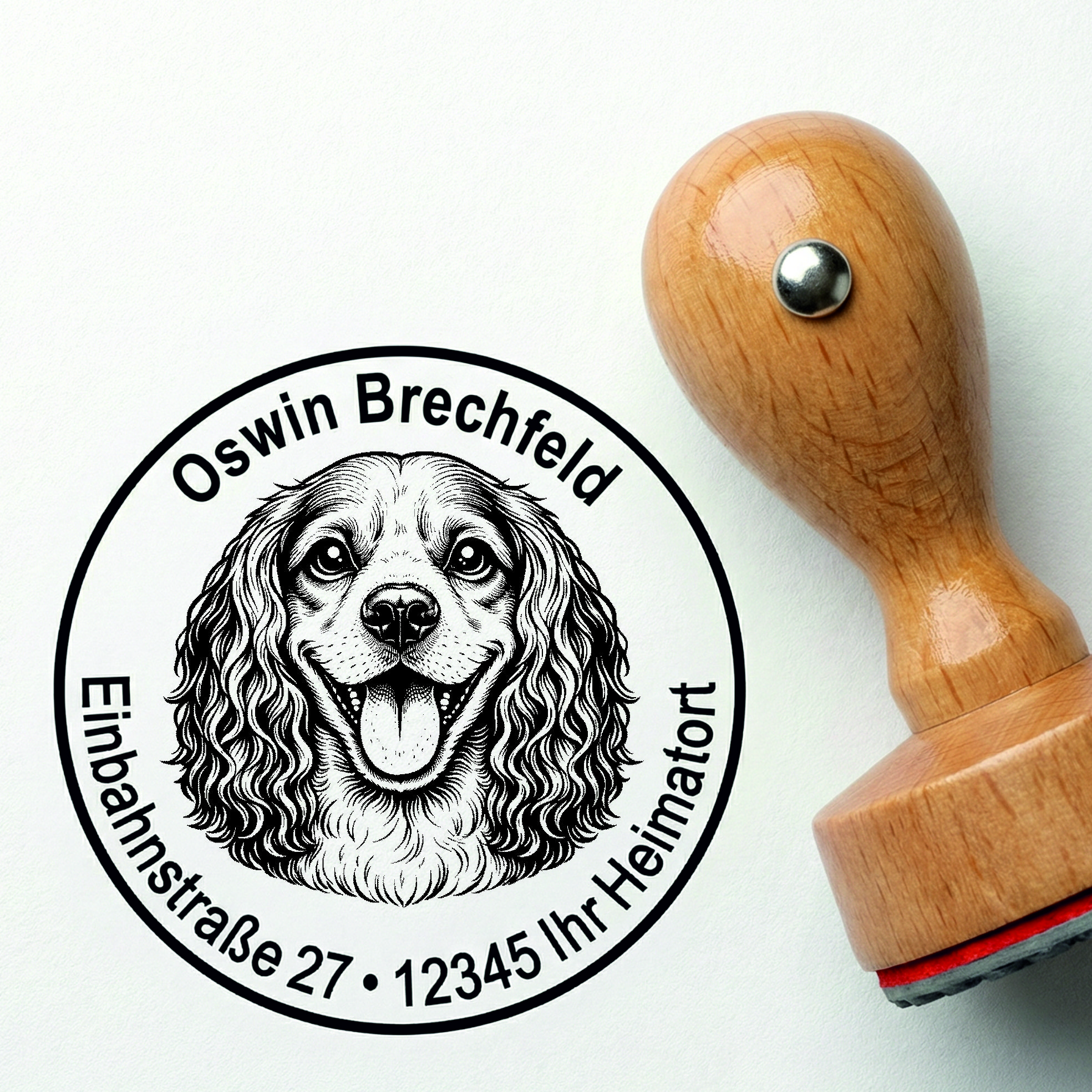 Stempel Cocker Spaniel personalisiert – Hund Holzstempel mit Name & Adresse