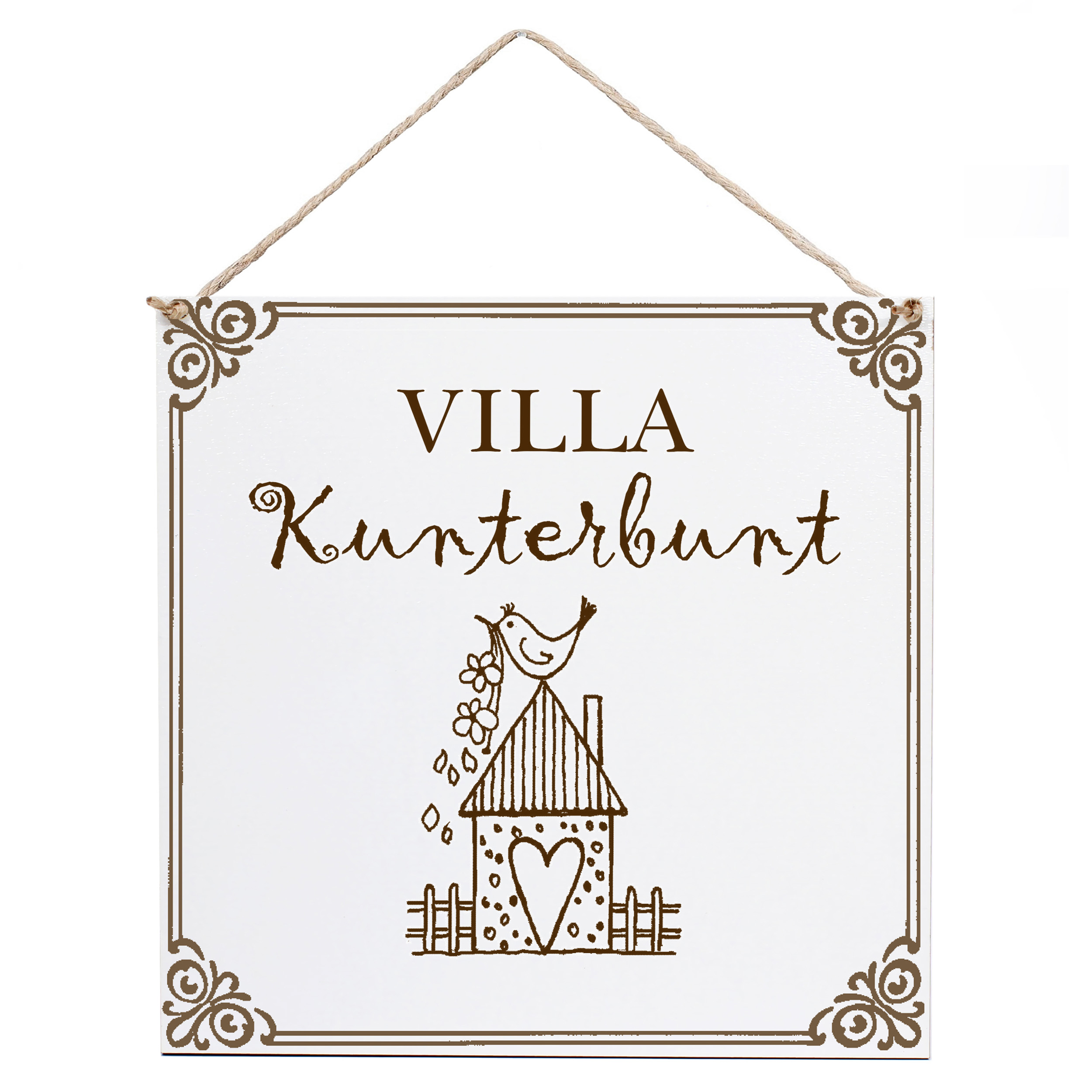 Dekoschild Villa Kunterbund 15×15 cm aus weißem HDF – Graviertes Spruchschild