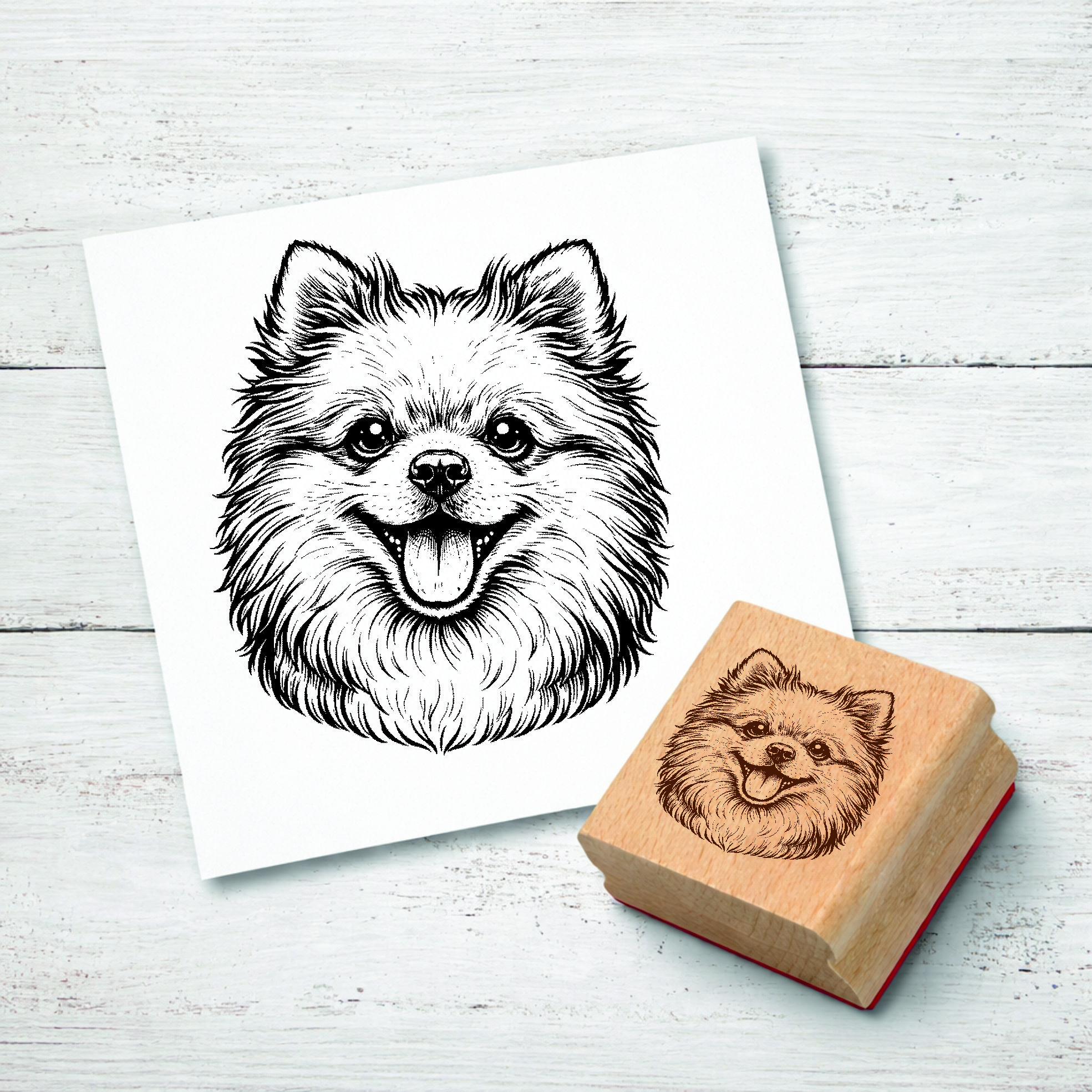 Motivstempel Zwergspitz Hund - Stempel mit Hundemotiv - Holzstempel Abdruck 44 x 48 mm
