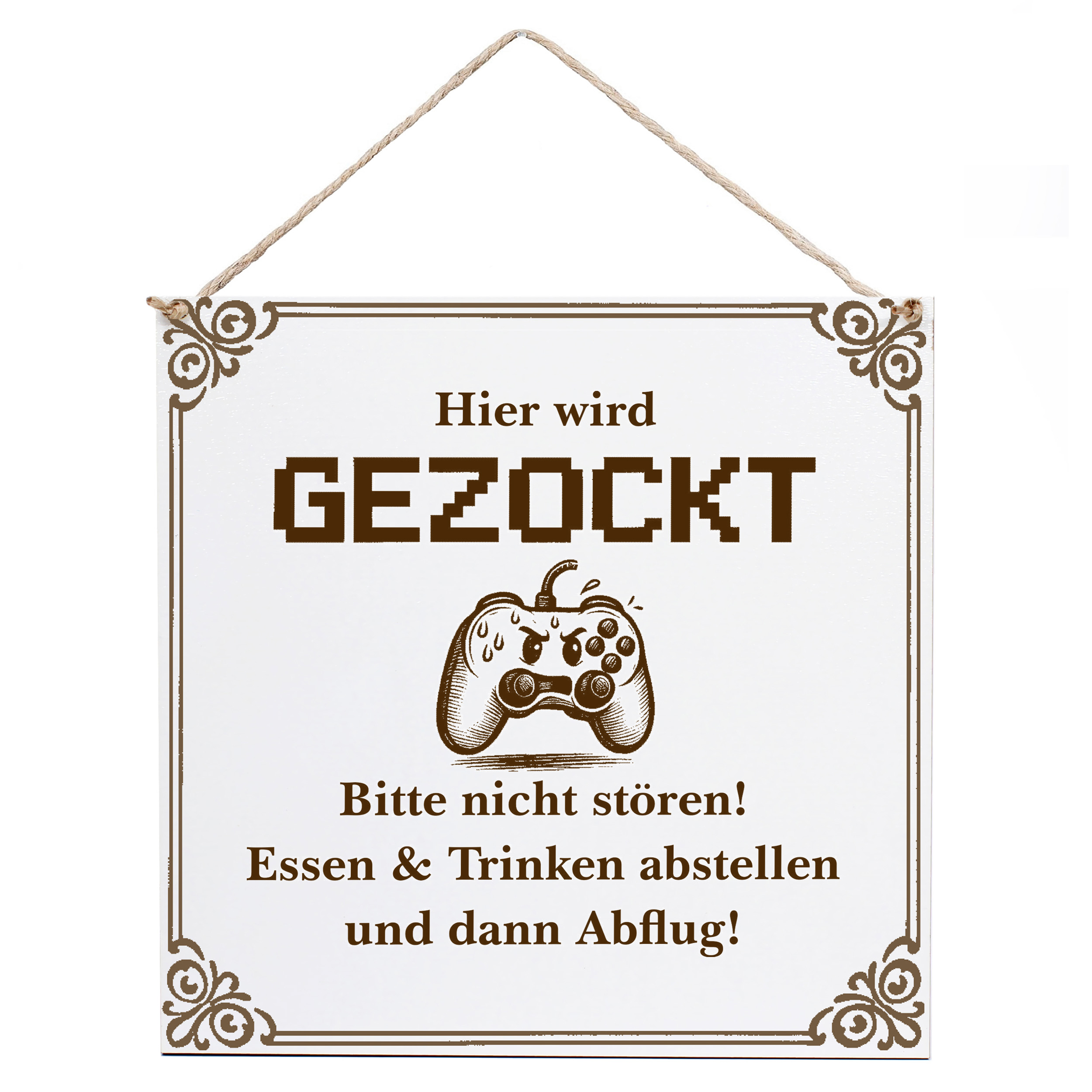Dekoschild Hier wird gezockt 15×15 cm aus weißem HDF – Graviertes Spruchschild