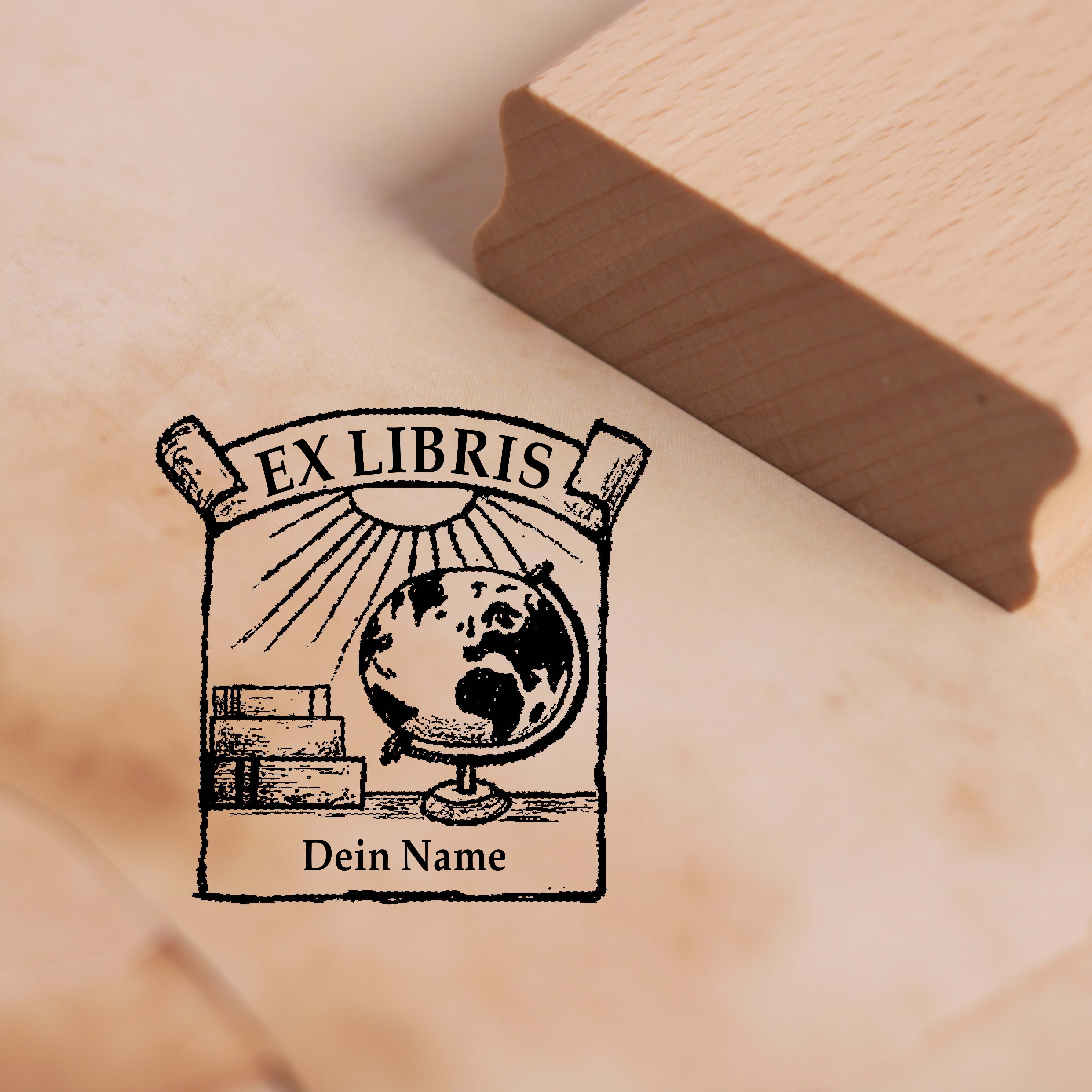 Ex Libris Stempel mit Name - Globus, Sonne und Bücher Exlibris Motivstempel 48 x 48 mm